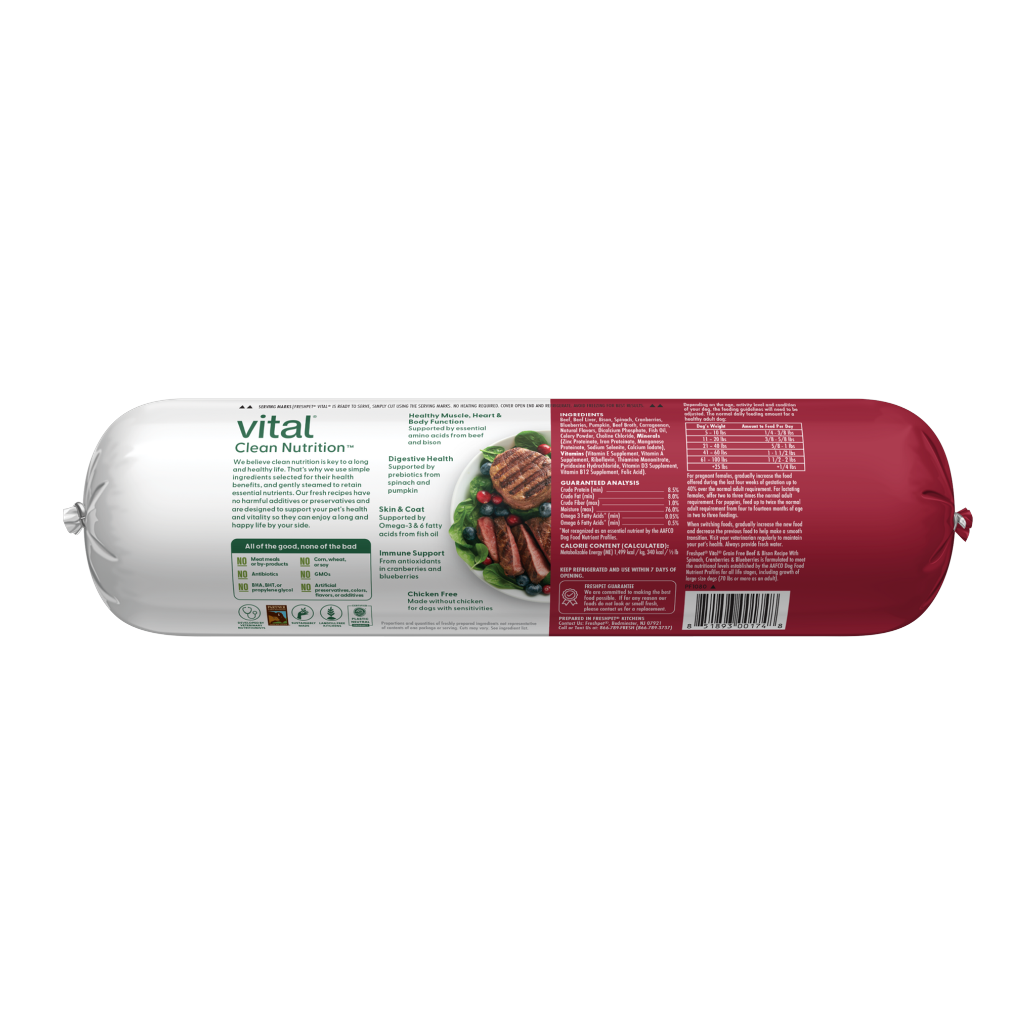 Freshpet Vital Grain Free Beef and Bison recipe roll back label with ingredients, guaranteed analysis and feeding chart