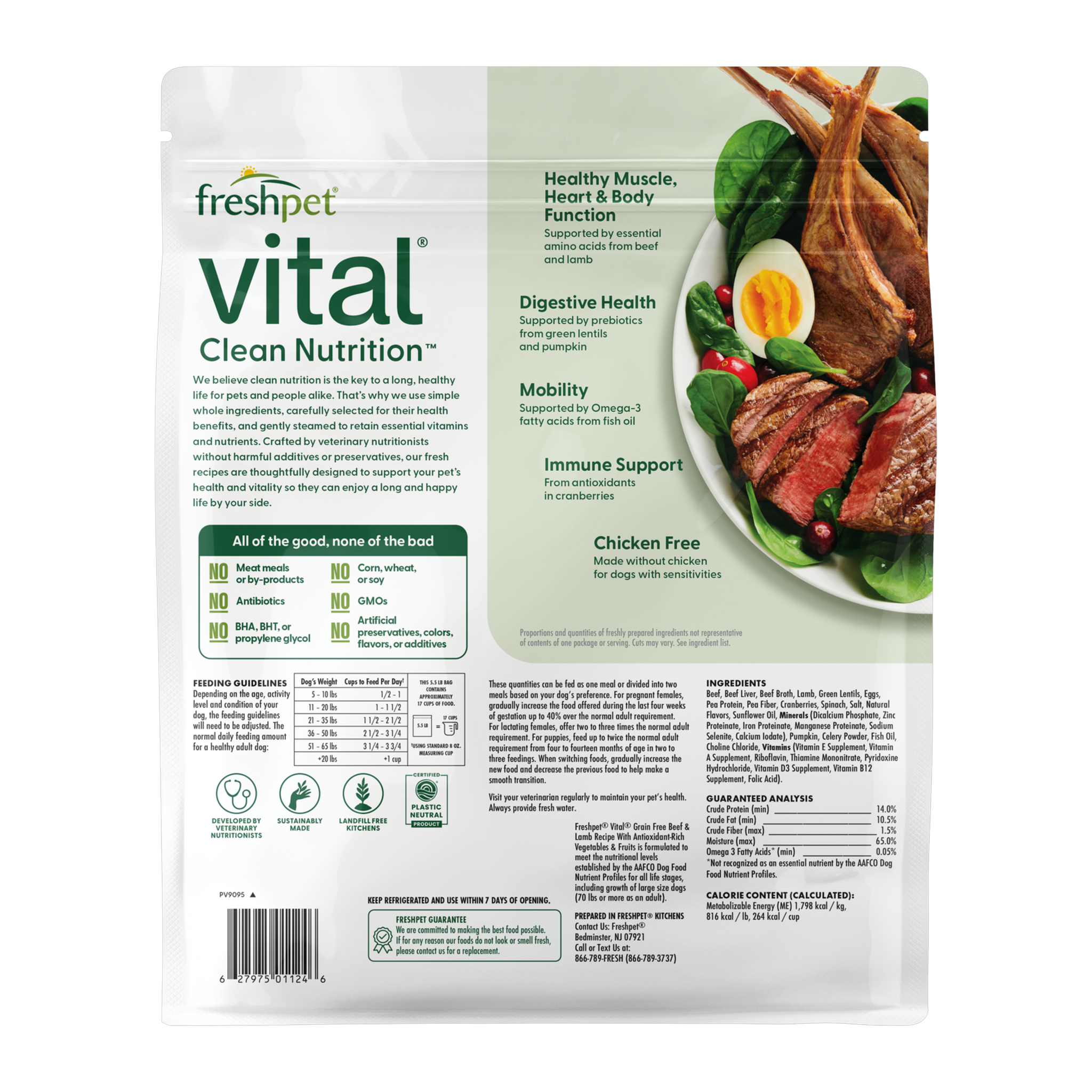 Freshpet Vital Grain Free Beef and Lamb recipe back of bag with benefits, ingredients and guaranteed analysis