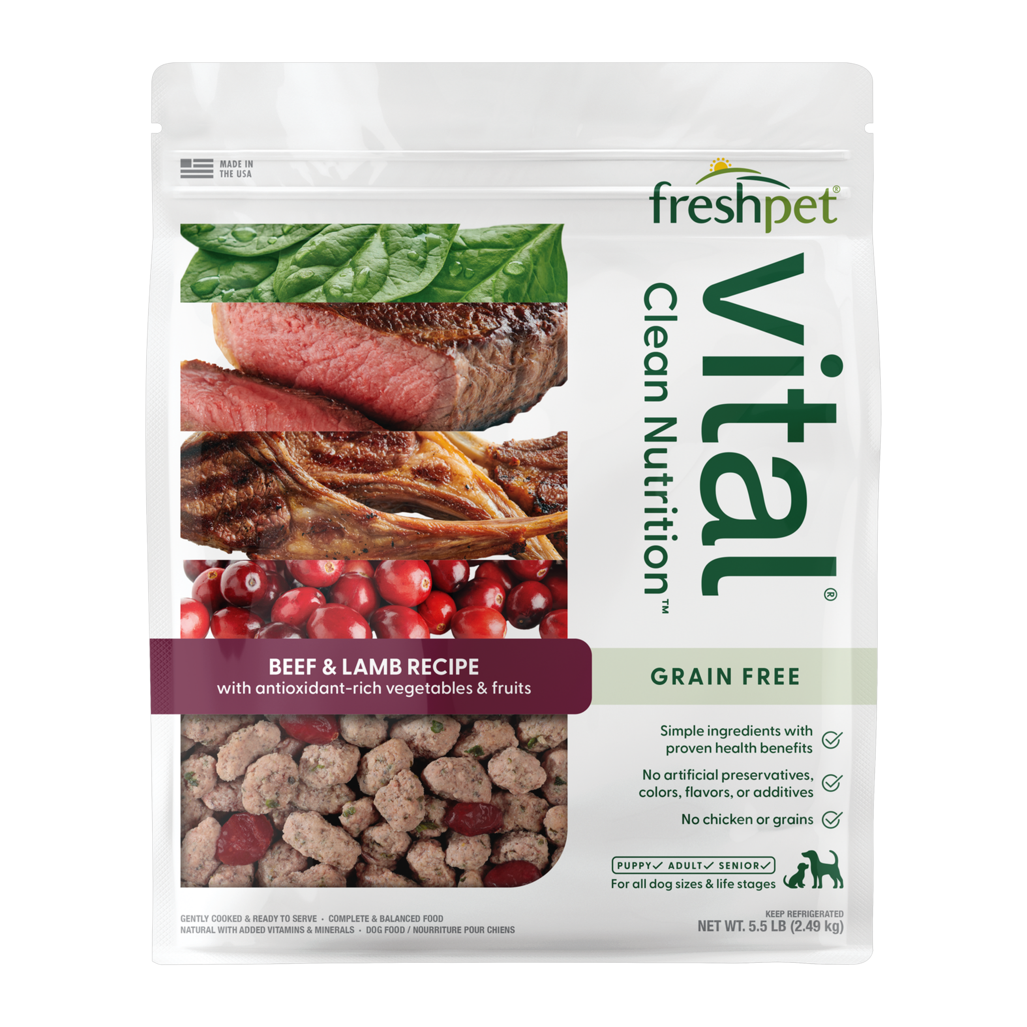 Freshpet Vital Grain Free Beef and Lamb Recipe 5.5 lb bag front, fresh refrigerated dog food