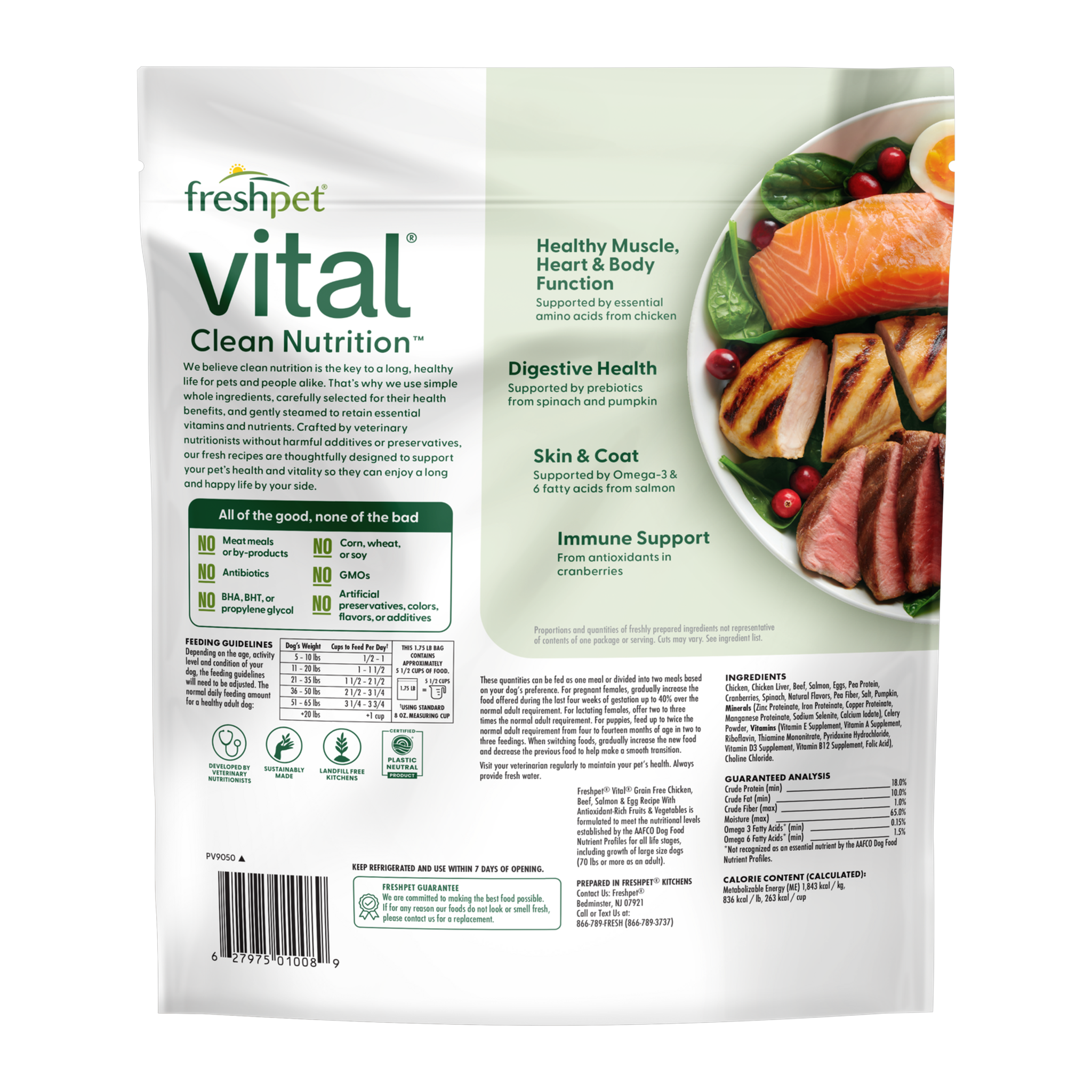 Freshpet Vital Grain Free Chicken Beef Salmon and Egg recipe back of bag with benefits, ingredients, guaranteed analysis and feeding chart