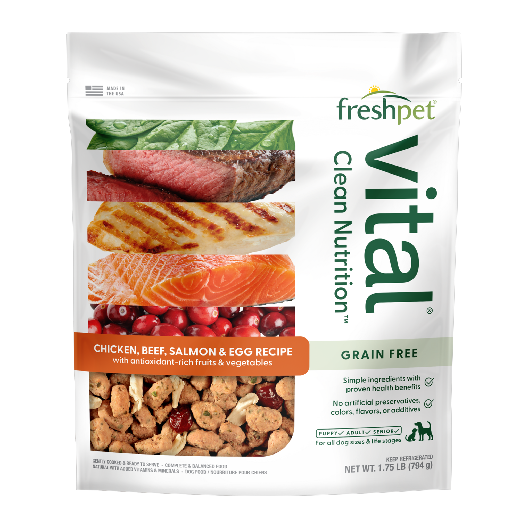 Freshpet Vital Grain Free Chicken Beef Salmon and Egg Recipe bag front, fresh refrigerated dog food