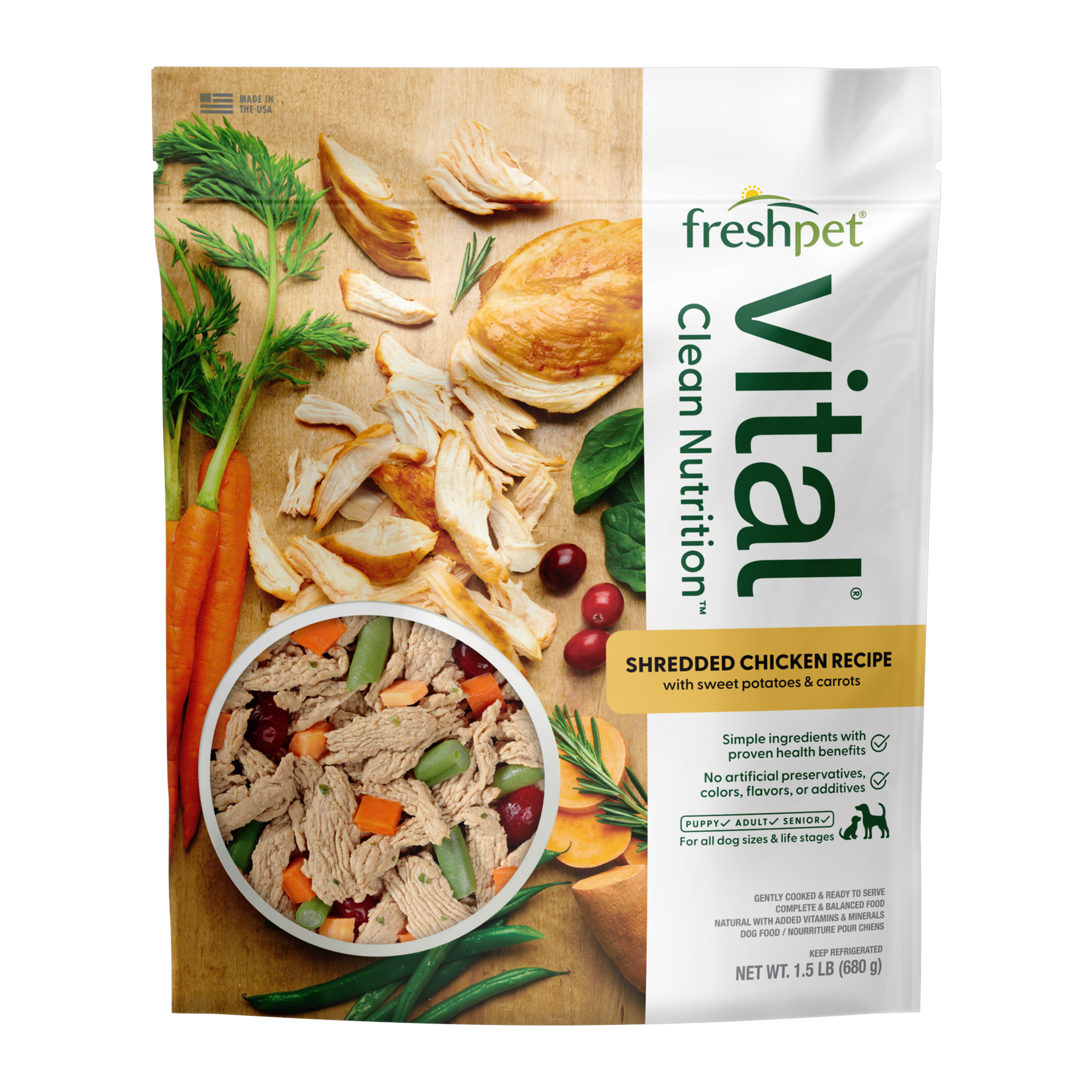 Freshpet Vital Shredded Chicken Recipe with Sweet Potatoes and Carrots front of bag, fresh refrigerated dog food