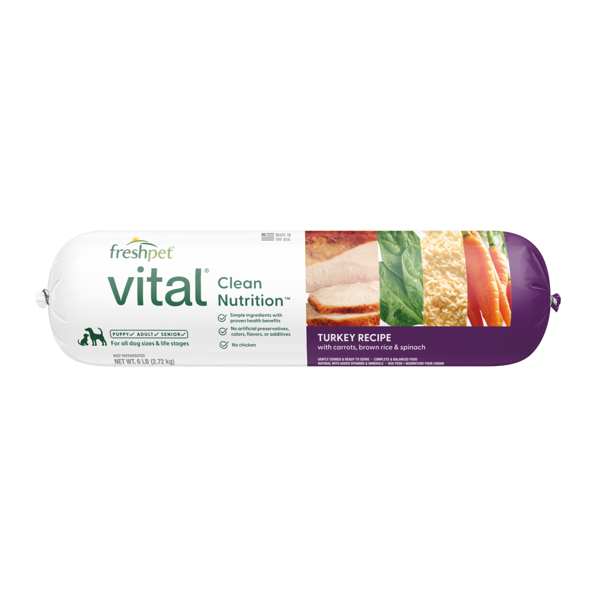 Freshpet Vital Turkey Recipe with Carrots Brown Rice and Spinach 6 lb roll front, fresh refrigerated dog food