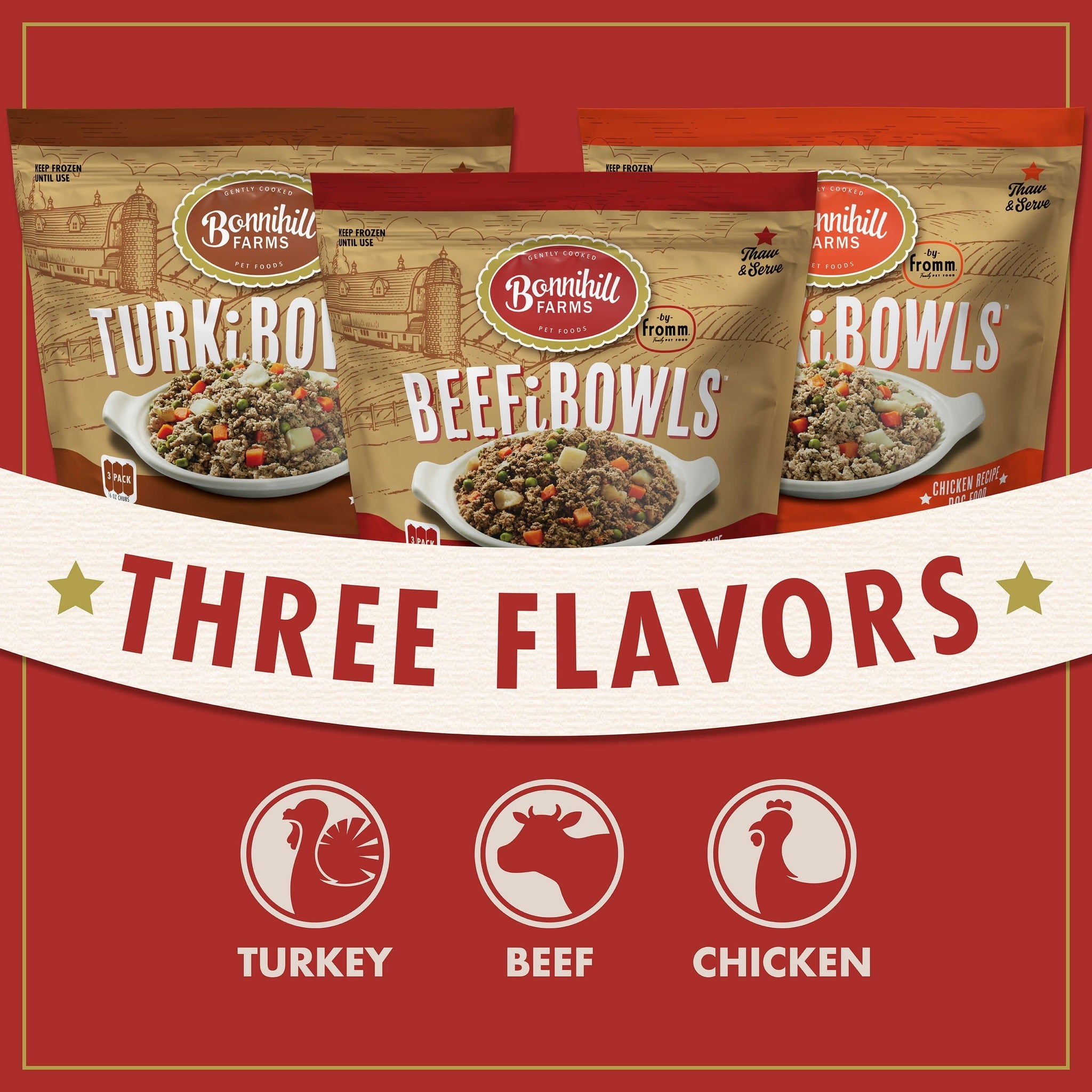 Bonnihill Farms frozen dog food comes in three flavors: turkey, beef, and chicken