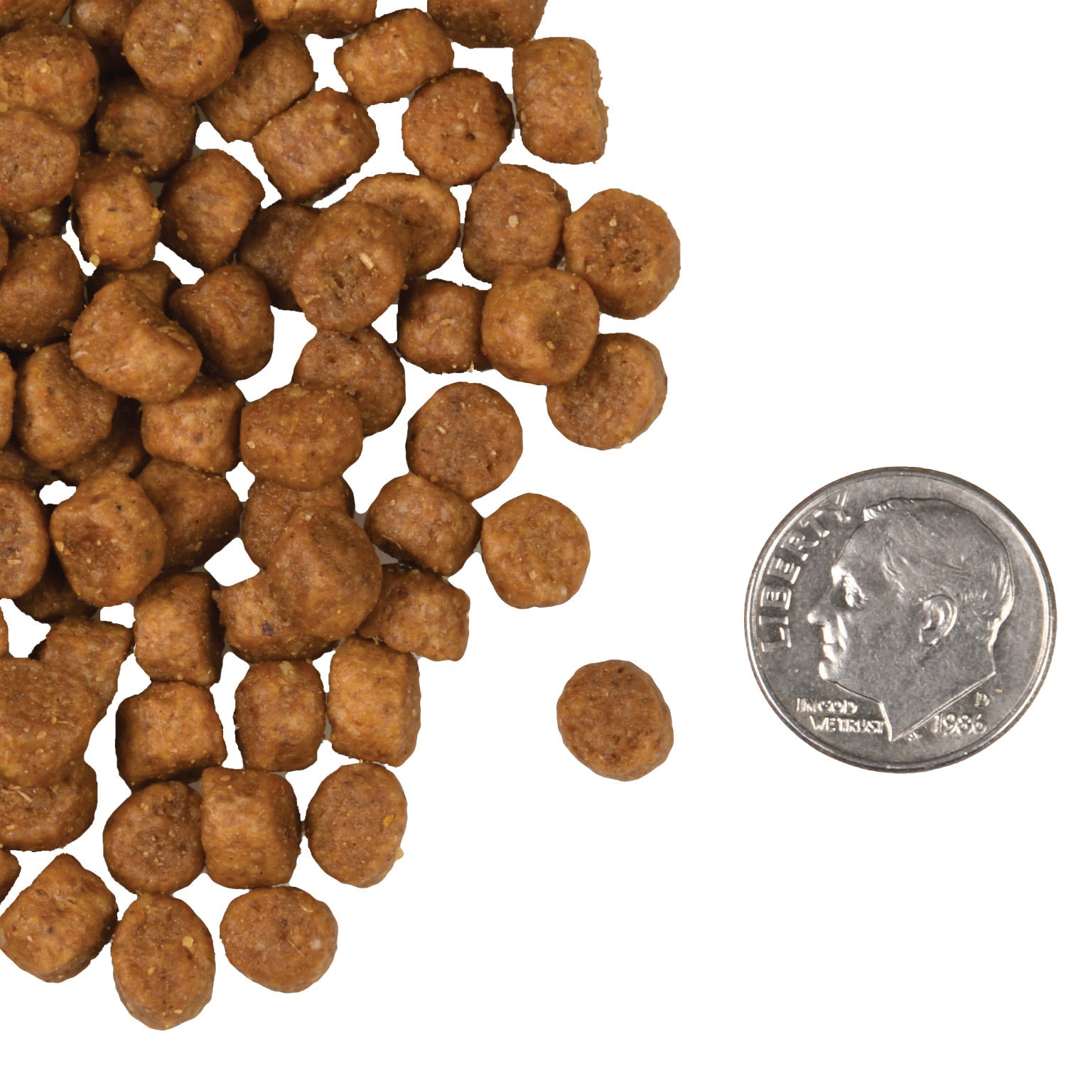 A small pile of Fromm Four-Star Chicken À La Veg kibble next to a dime for scale