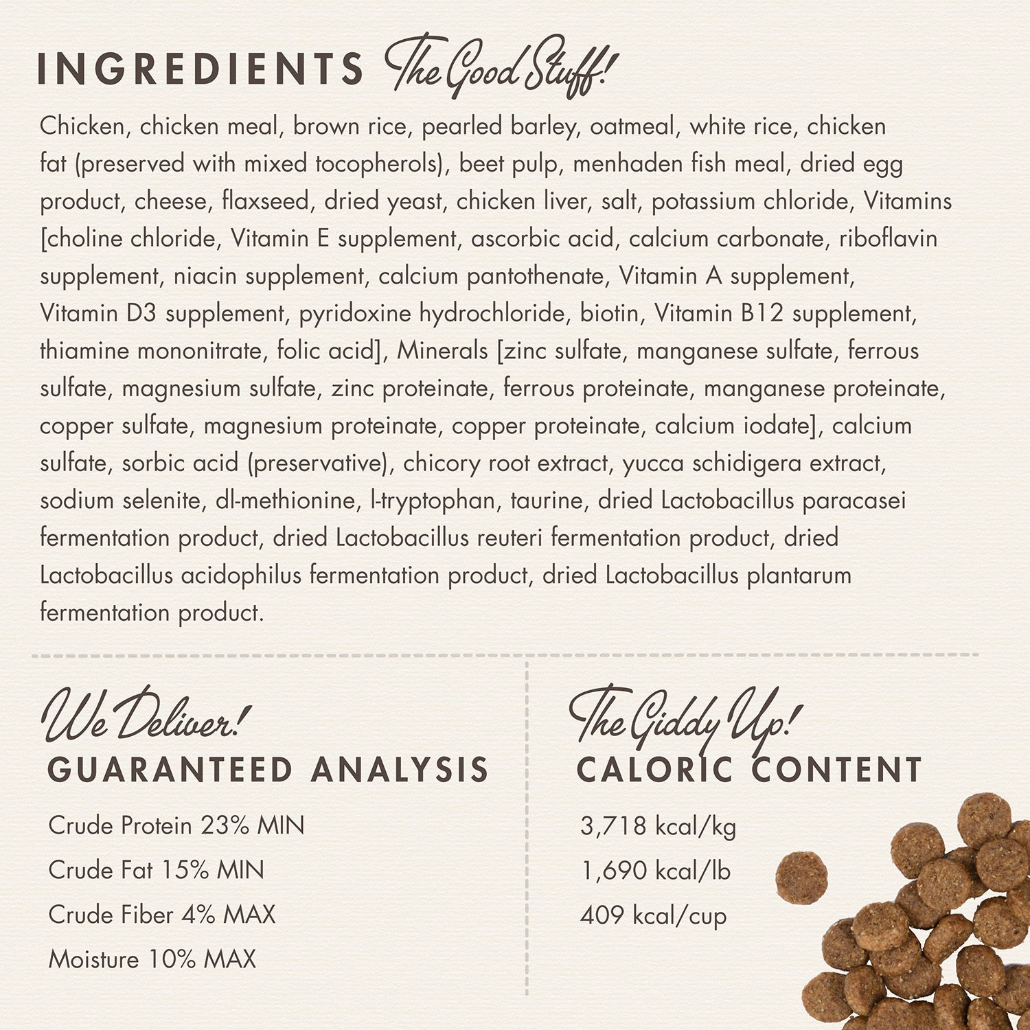 Fromm Classic Adult ingredients panel with guaranteed analysis and caloric content