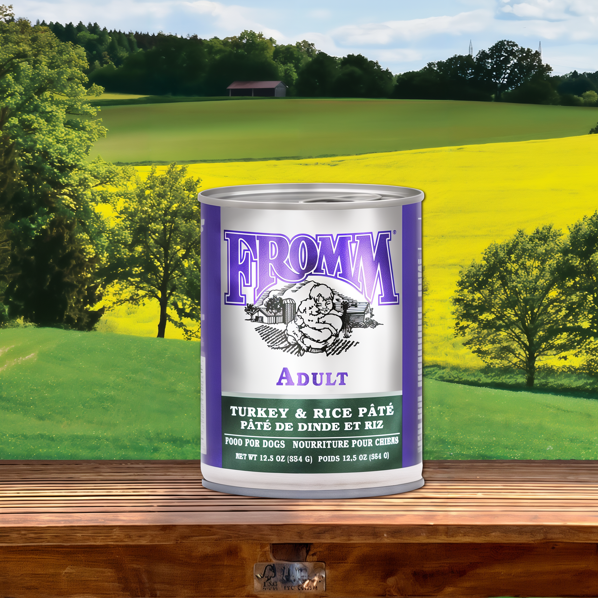 A can of Fromm Classic Adult Turkey & Rice Pâté on a wooden rail with rolling farm fields behind