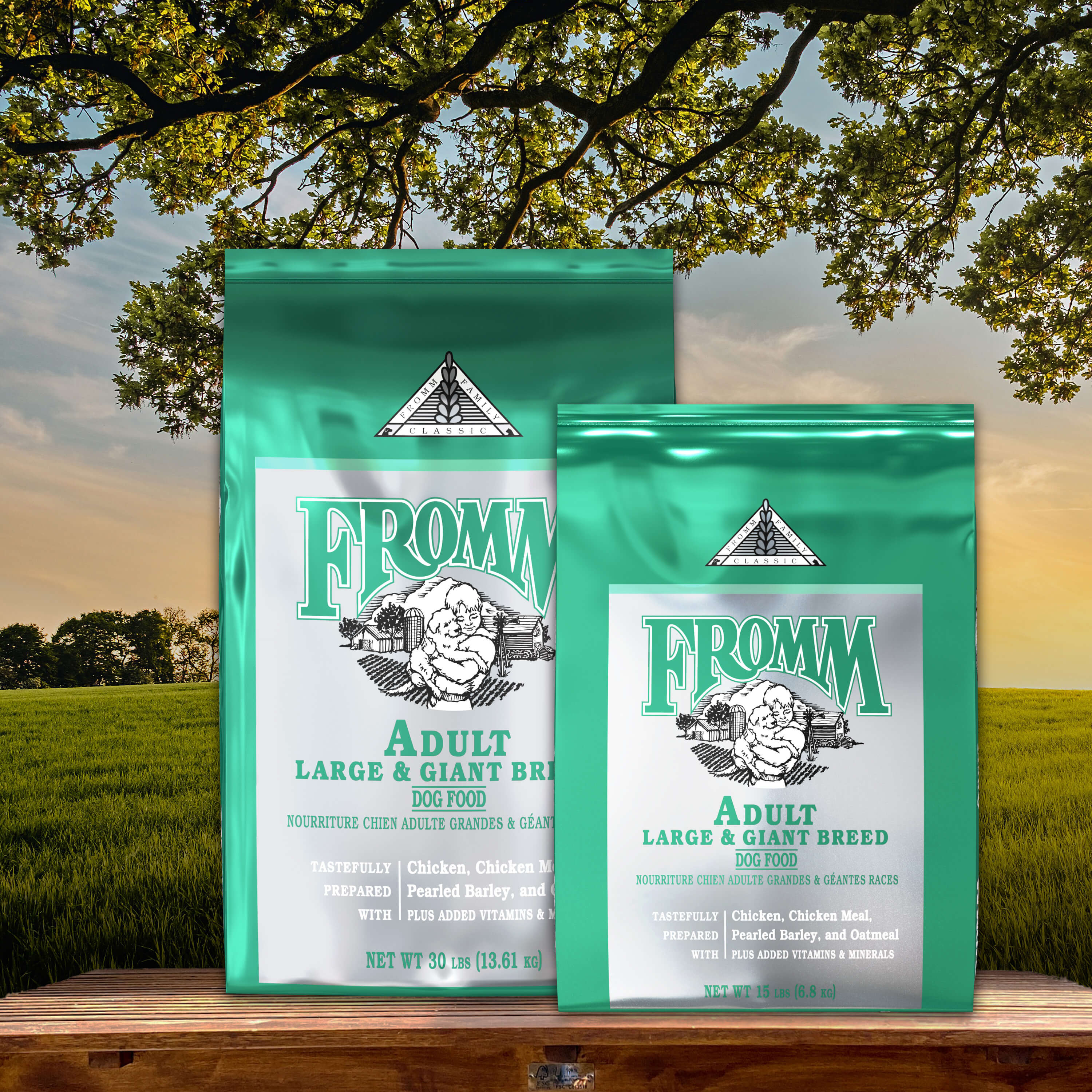 Fromm Classic Adult Large and Giant Breed 30 and 15 pound bags on a bench under an oak tree