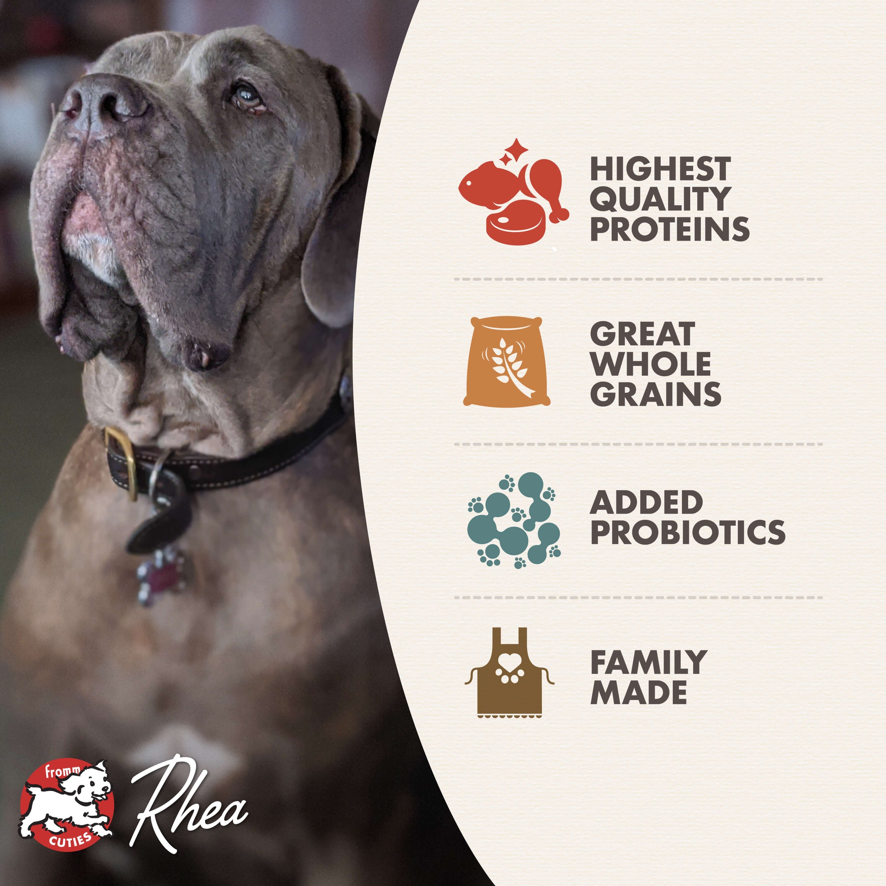Fromm Cuties dog Rhea with Classic Large and Giant Breed benefits: highest quality proteins, great whole grains, added probiotics, family made