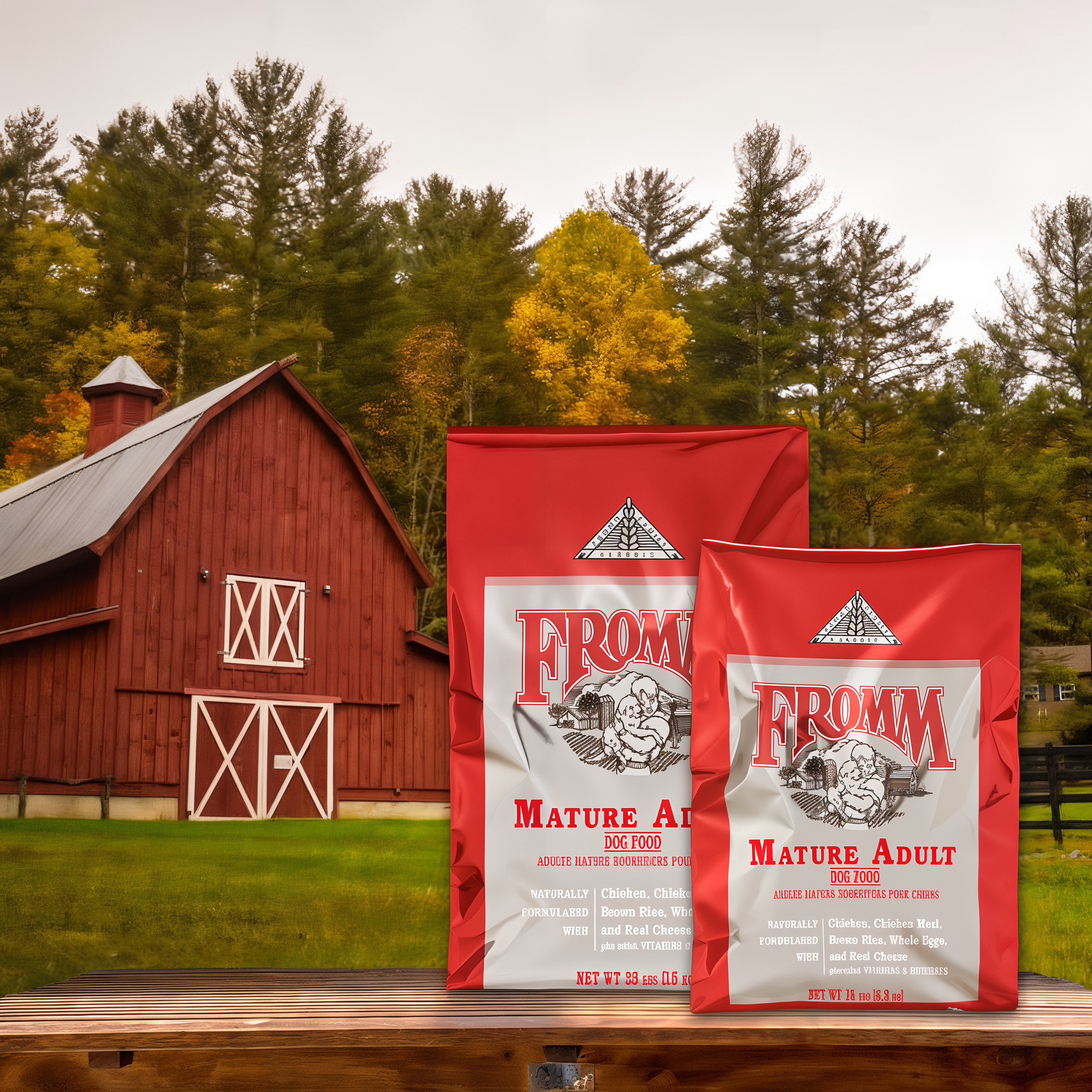 Fromm Classic Mature Adult bags on a bench in front of a red barn