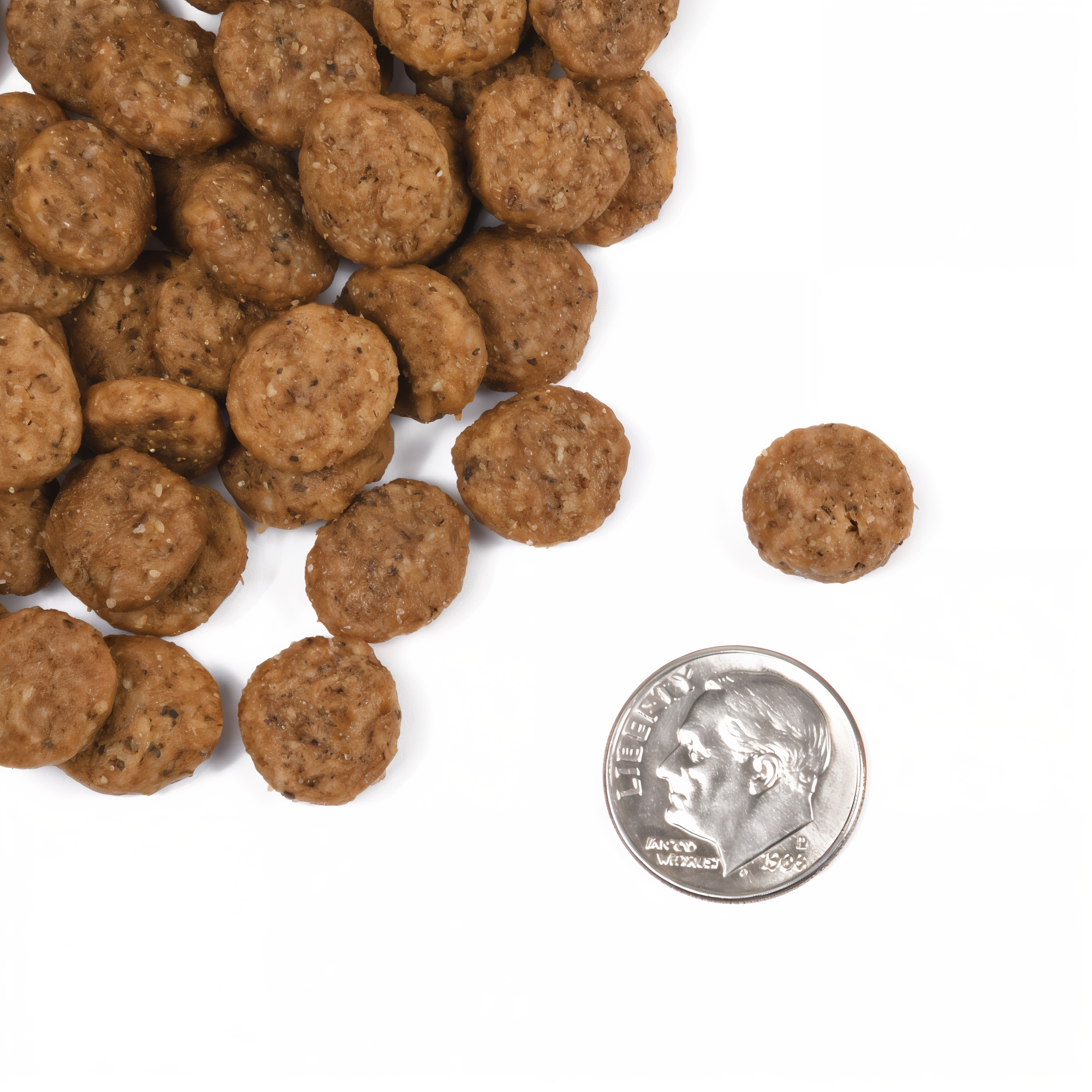 A small pile of Fromm Classic Mature Adult kibble next to a dime for scale