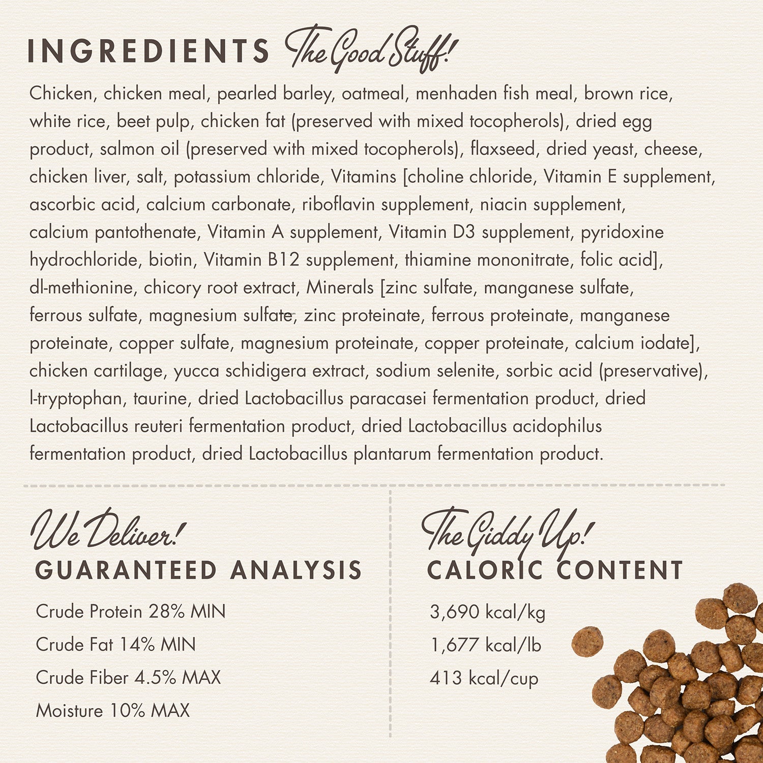 Fromm Classic Puppy ingredients panel with guaranteed analysis and caloric content
