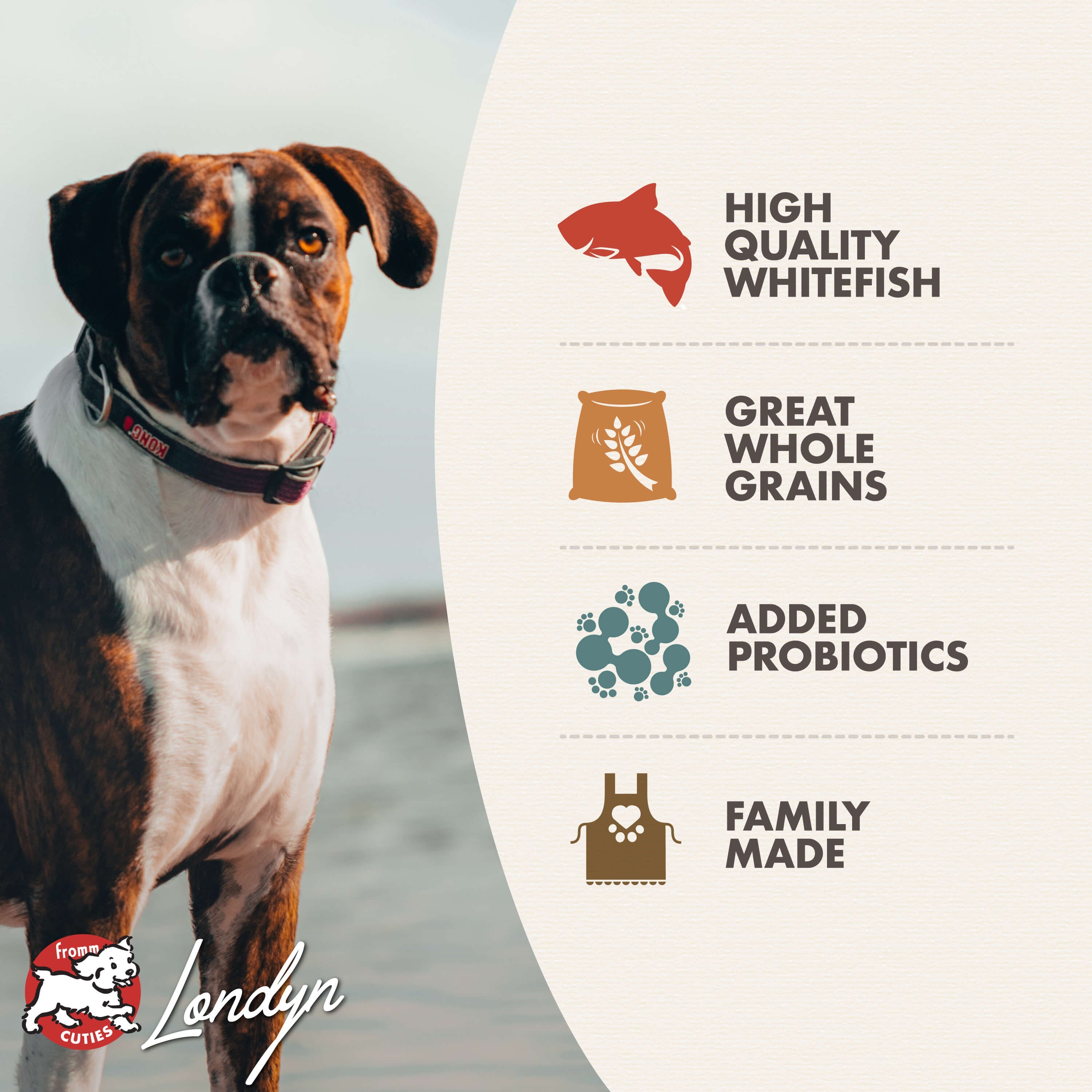 Fromm Cuties dog Londyn with Whitefish and Rice benefits: high quality whitefish, great whole grains, added probiotics, family made