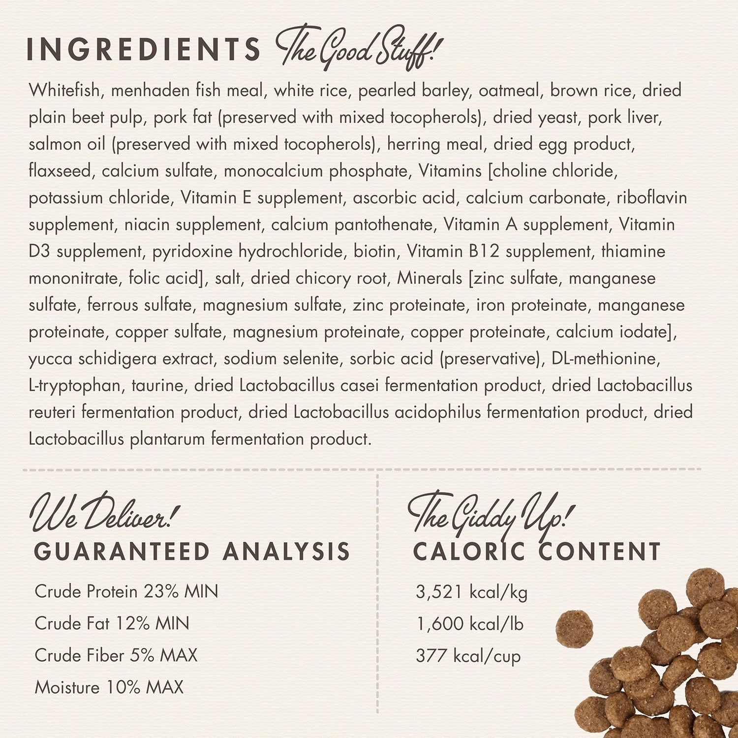 Fromm Classic Whitefish and Rice ingredients panel with guaranteed analysis and caloric content
