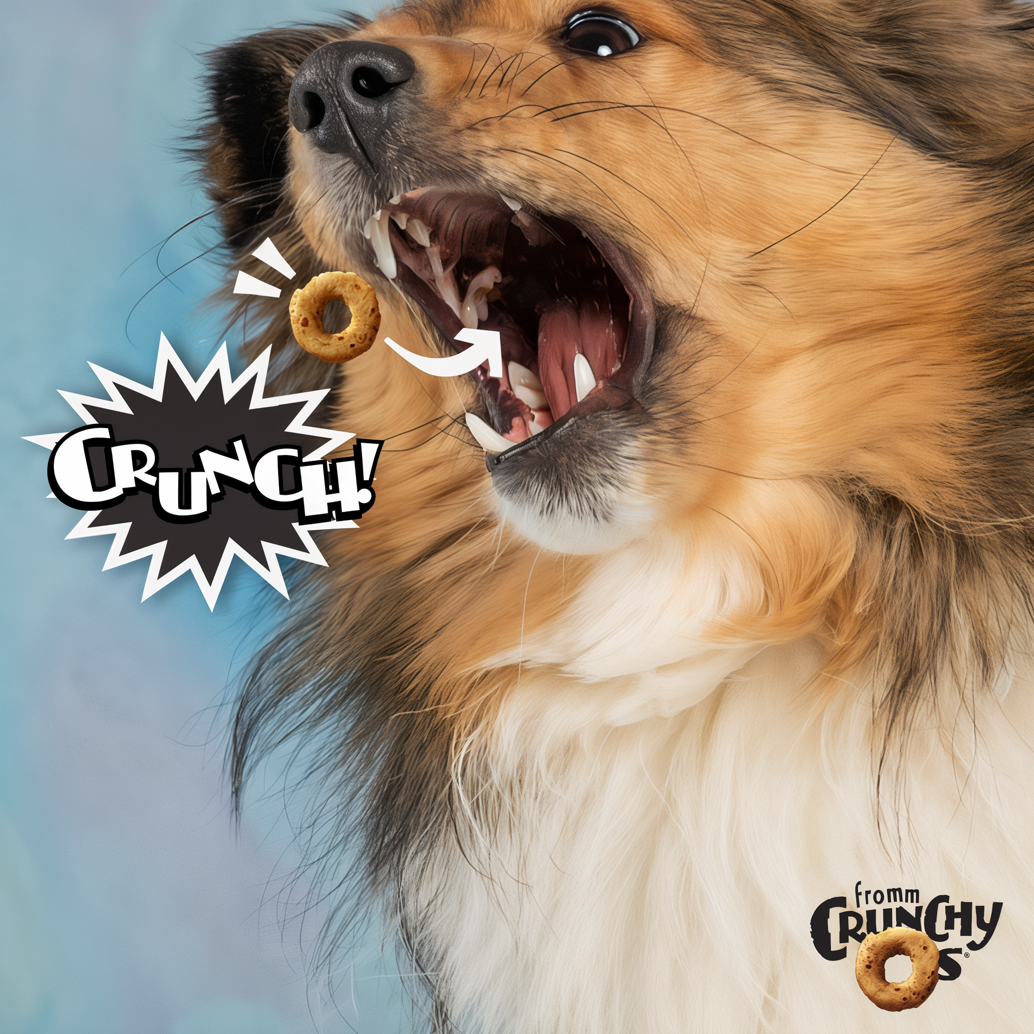 Dog catching a Fromm Crunchy O's treat mid-air with a comic crunch burst