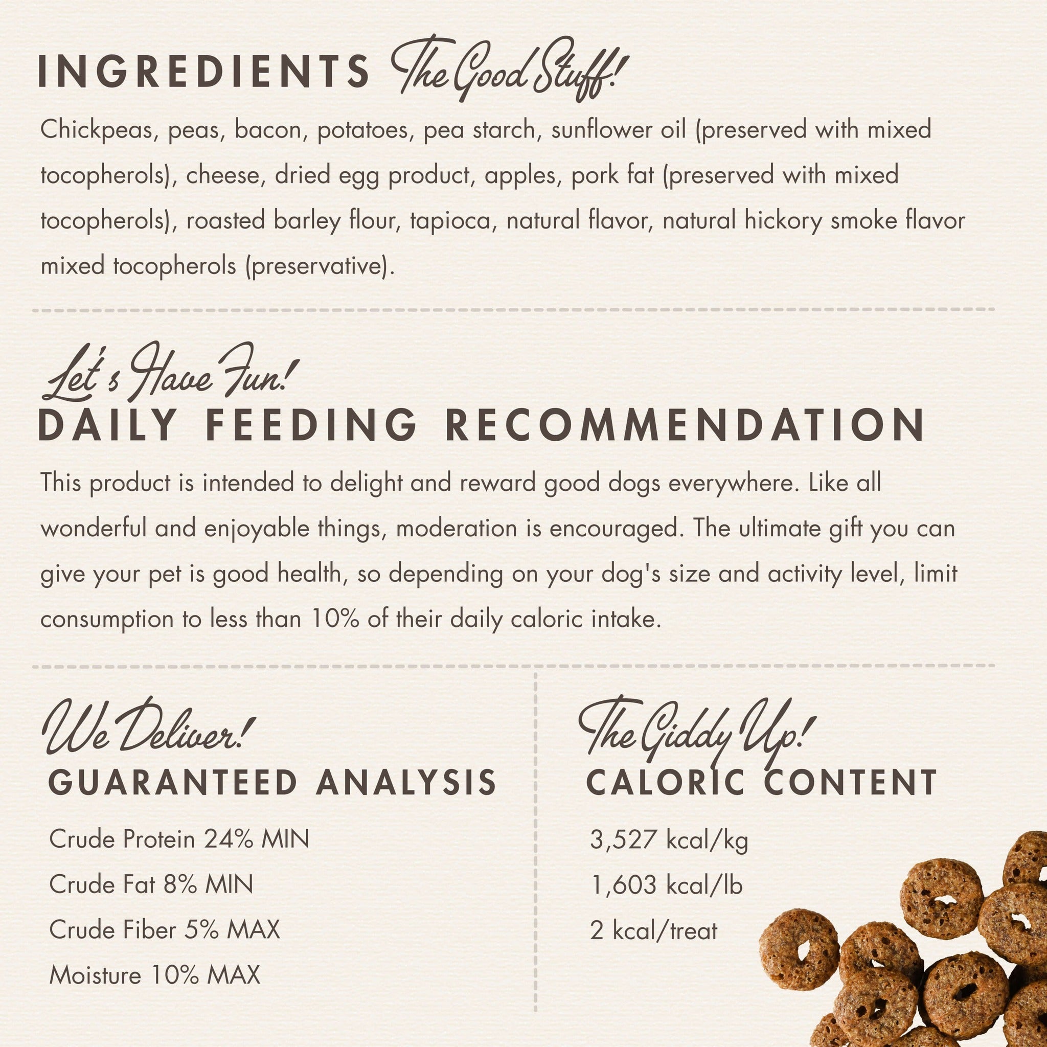 Fromm Crunchy O's Bacon Blasters ingredients panel with guaranteed analysis and caloric content
