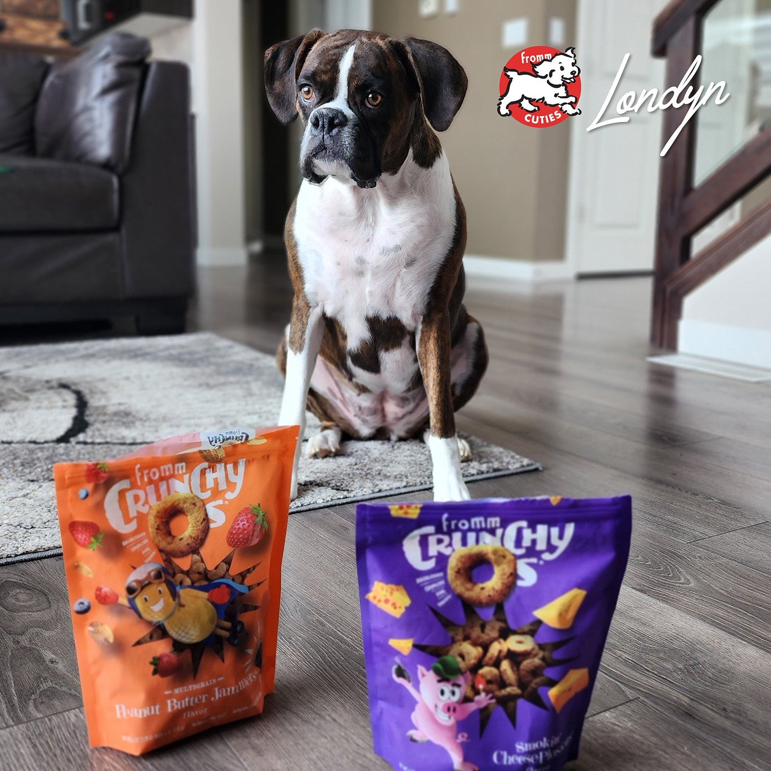 Dog Londyn with bags of Fromm Crunchy O's Peanut Butter Jammers and Smokin' CheesePlosions, from the Fromm Cuties gallery