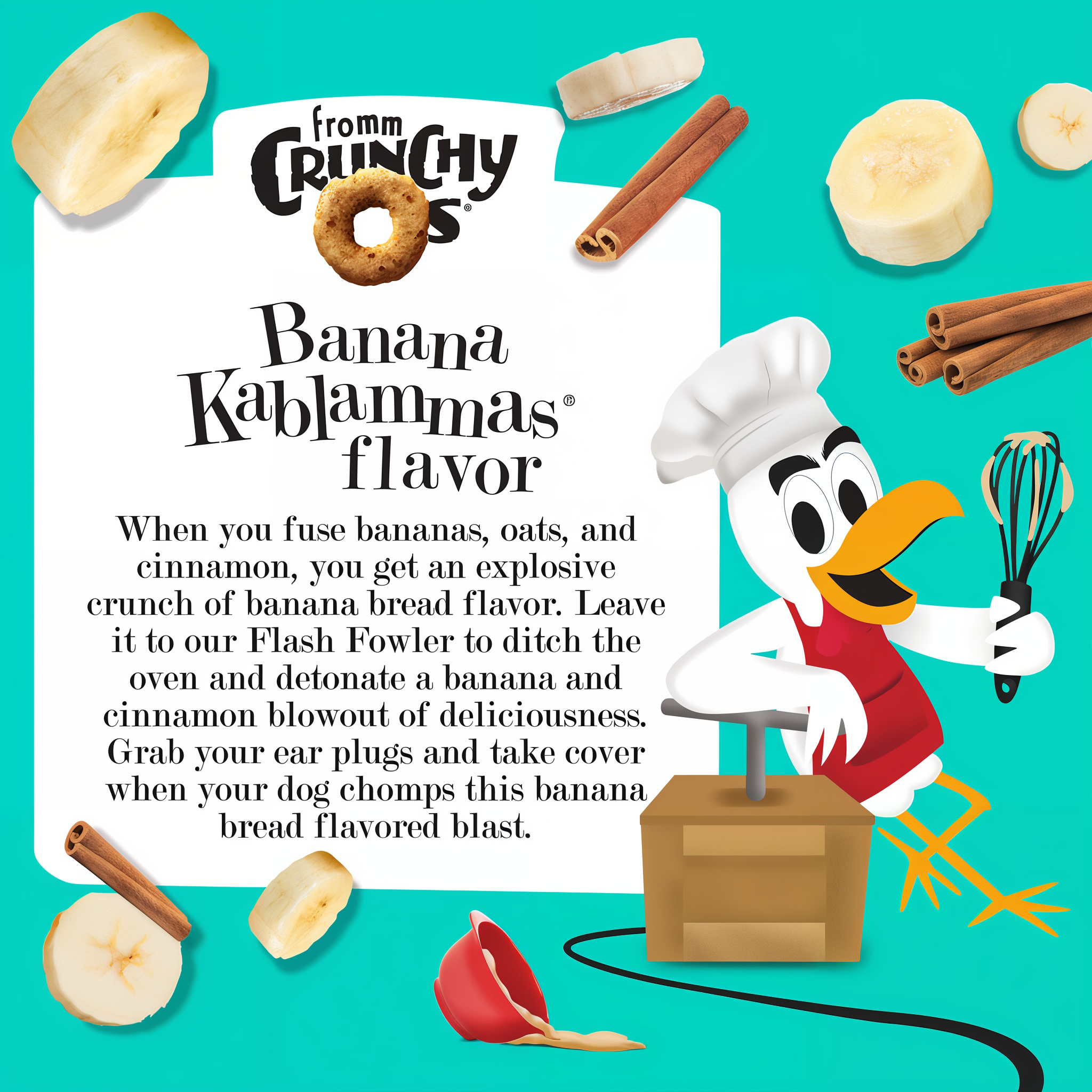 Banana Kablammas flavor story card with Flash Fowler the daredevil chicken, bananas, and cinnamon