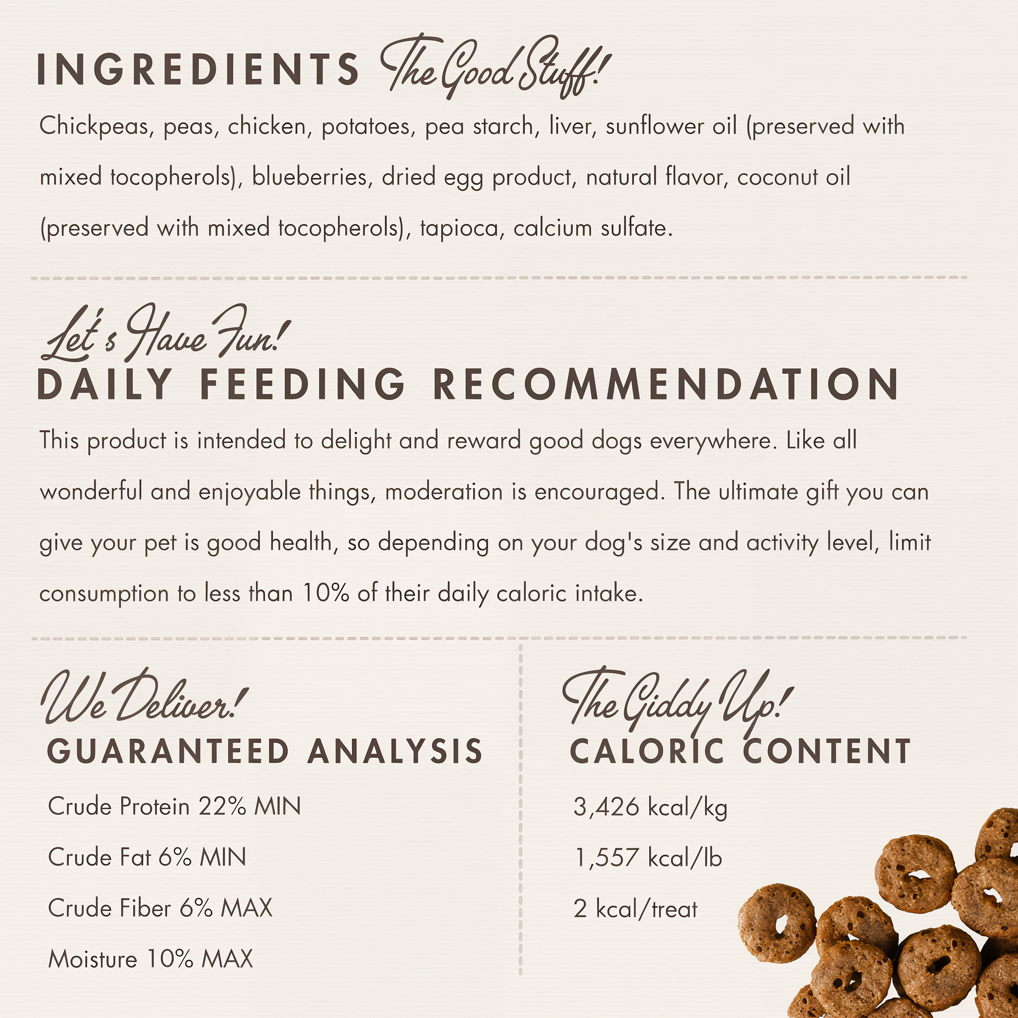 Fromm Crunchy O's Blueberry Blasts ingredients panel with guaranteed analysis and caloric content