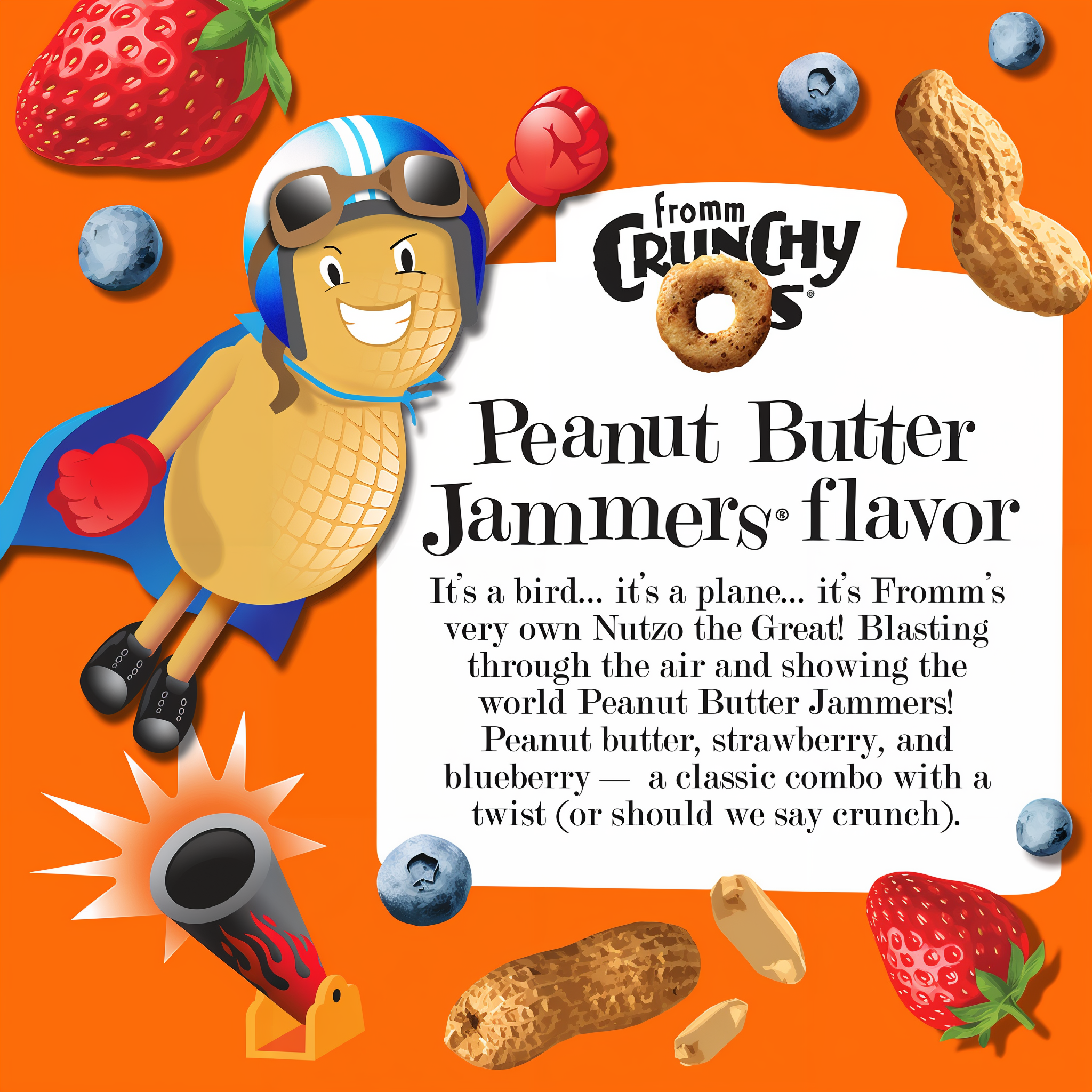 Peanut Butter Jammers flavor story with Fromm mascot Nutzo the Great: peanut butter, strawberry, and blueberry with a crunch