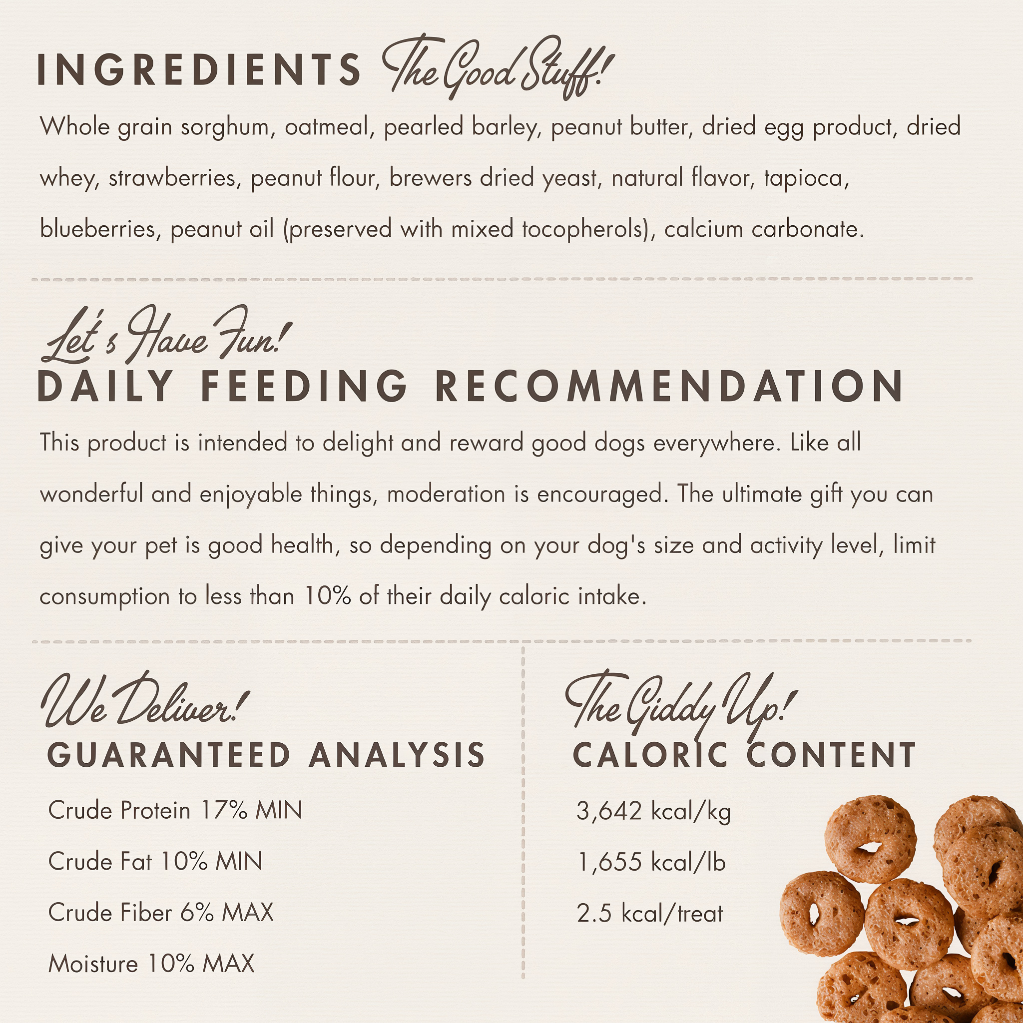 Fromm Crunchy O's Peanut Butter Jammers ingredients panel with guaranteed analysis and caloric content