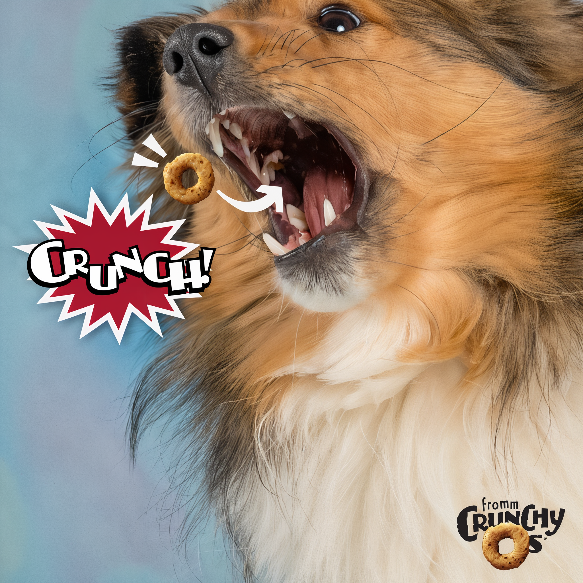 Fluffy dog catching an O-shaped Fromm Crunchy O's treat mid-air with a comic crunch burst