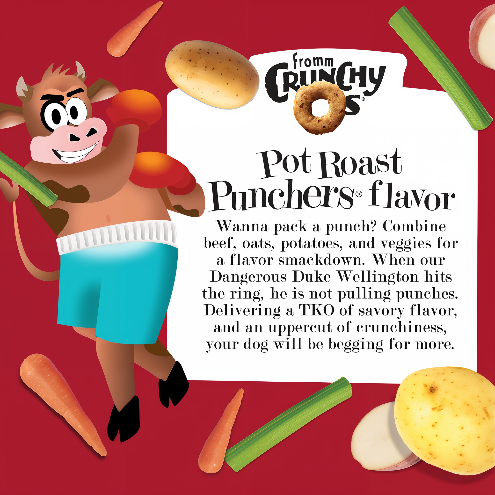 Pot Roast Punchers flavor story card with boxing bull mascot Dangerous Duke Wellington among potatoes, carrots, and celery