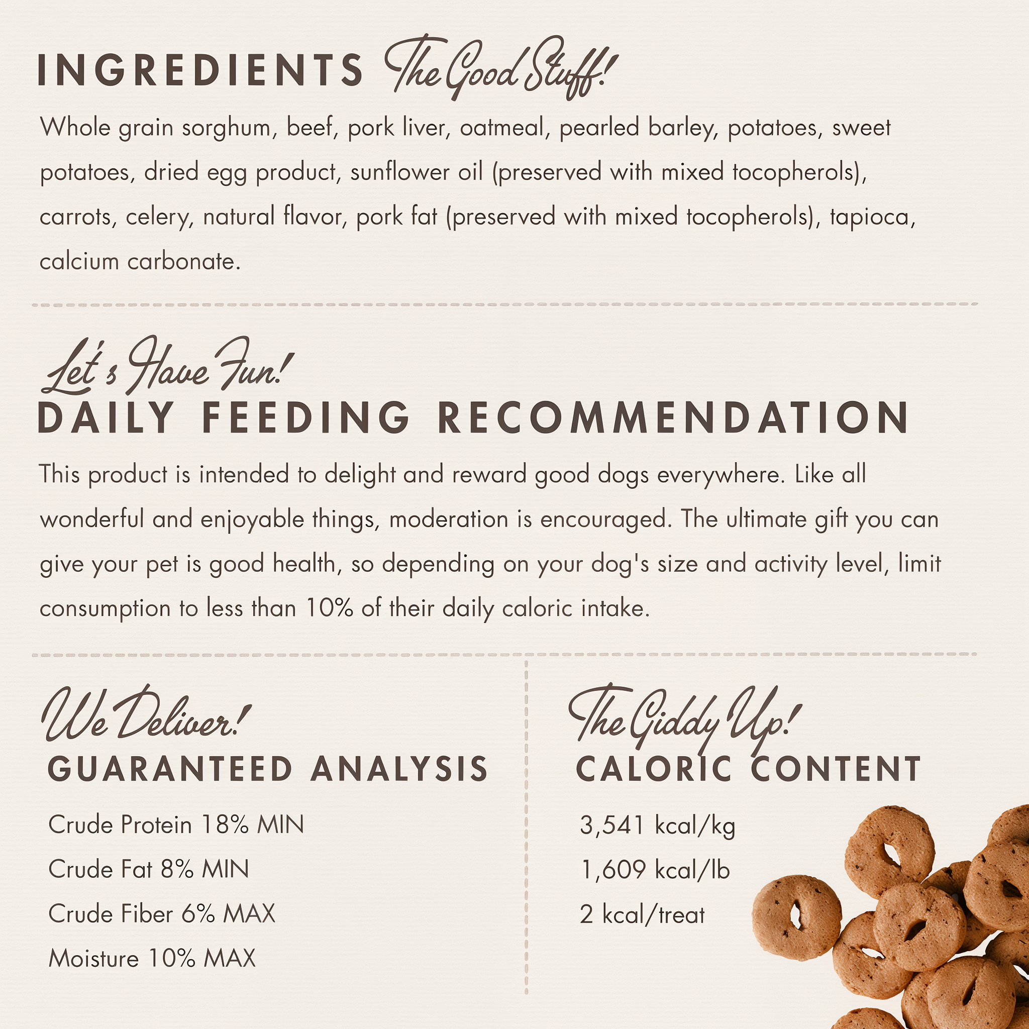 Fromm Crunchy O's Pot Roast Punchers ingredients panel with daily feeding recommendation, guaranteed analysis, and caloric content