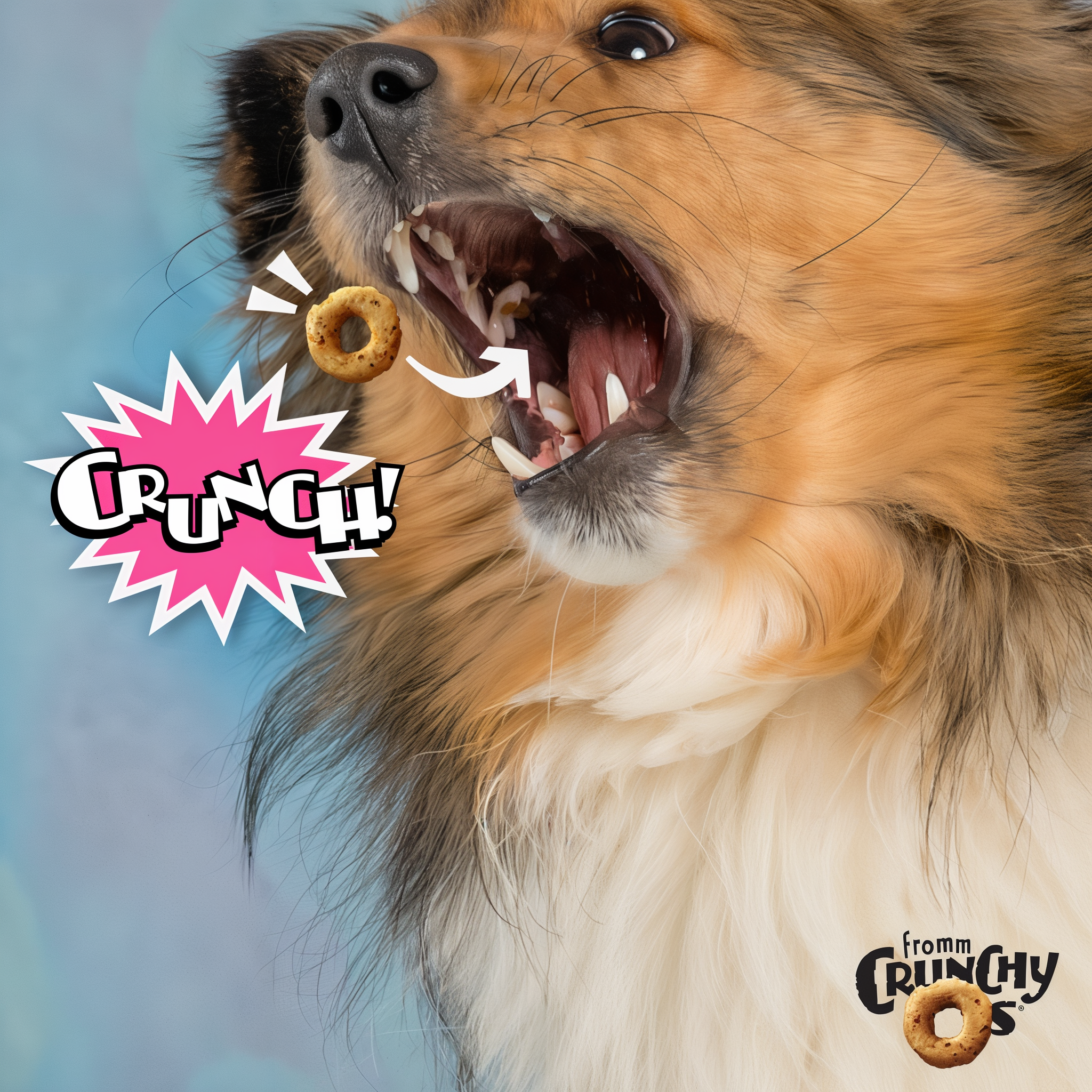 Fluffy dog catching a Fromm Crunchy O's ring mid-air with a comic crunch burst