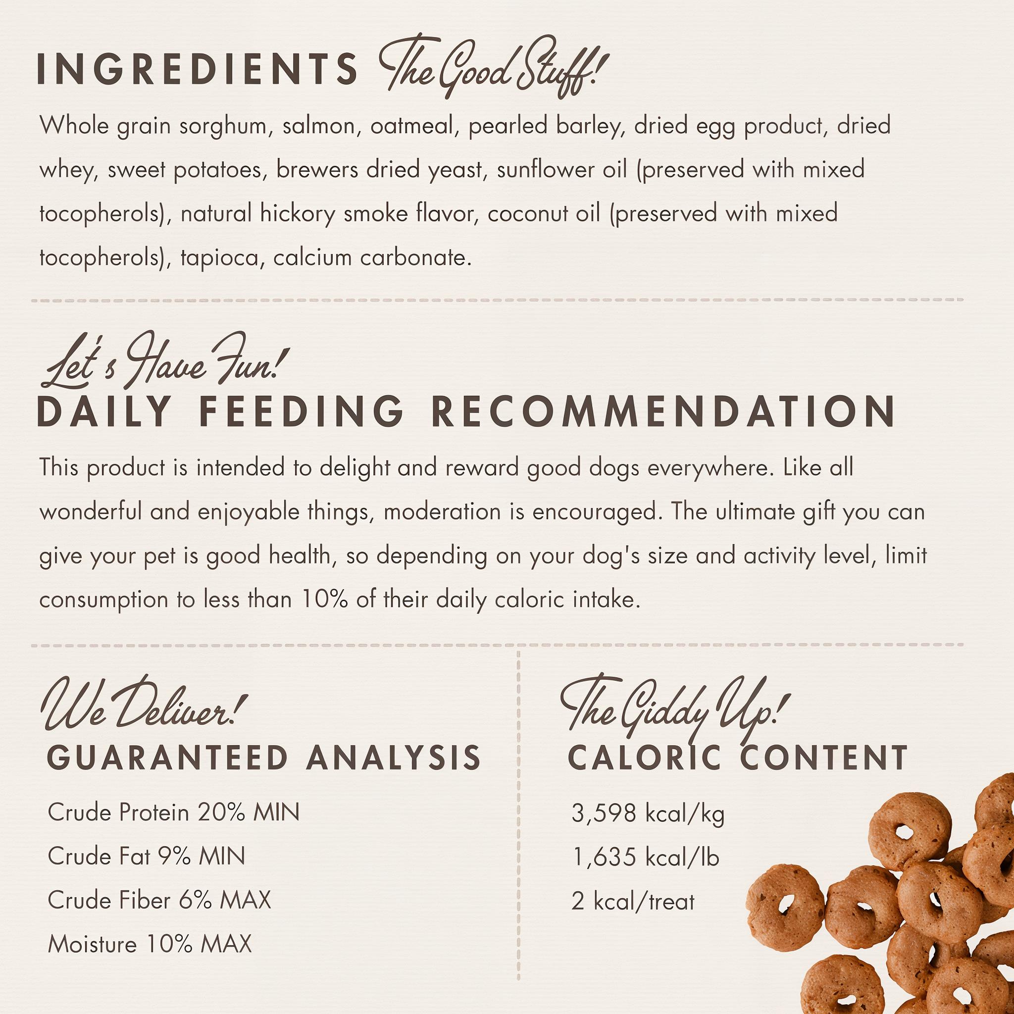 Fromm Crunchy O's Slammon' Smoked Salmon ingredients panel with feeding recommendation, guaranteed analysis and caloric content