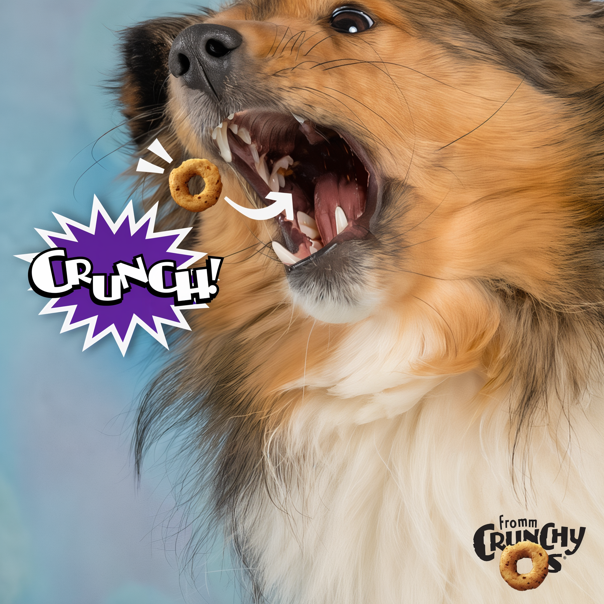 Dog catching a Fromm Crunchy O's treat mid-air with a comic crunch burst