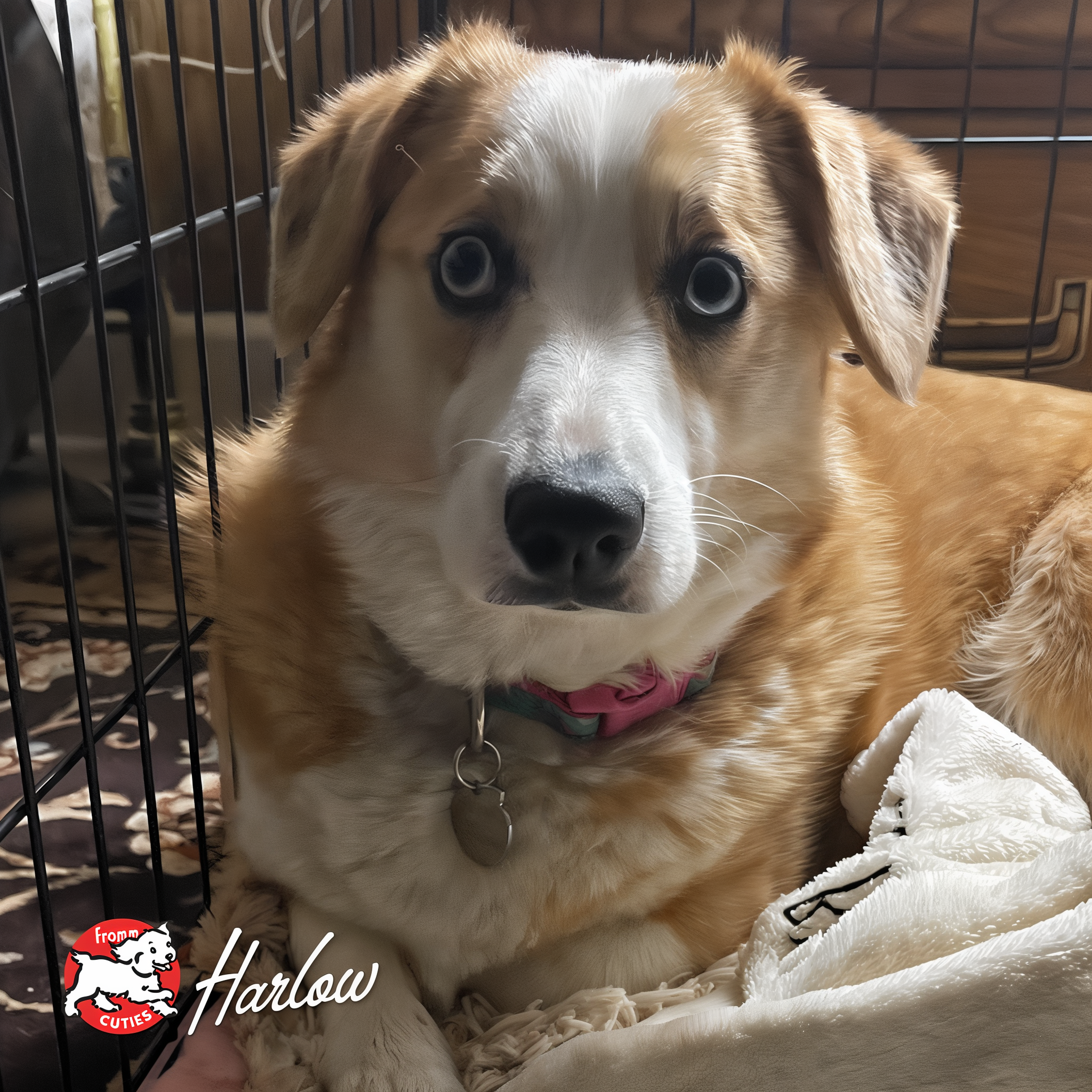 Tan and white dog Harlow with a pink collar resting in a crate, from the Fromm Cuties gallery
