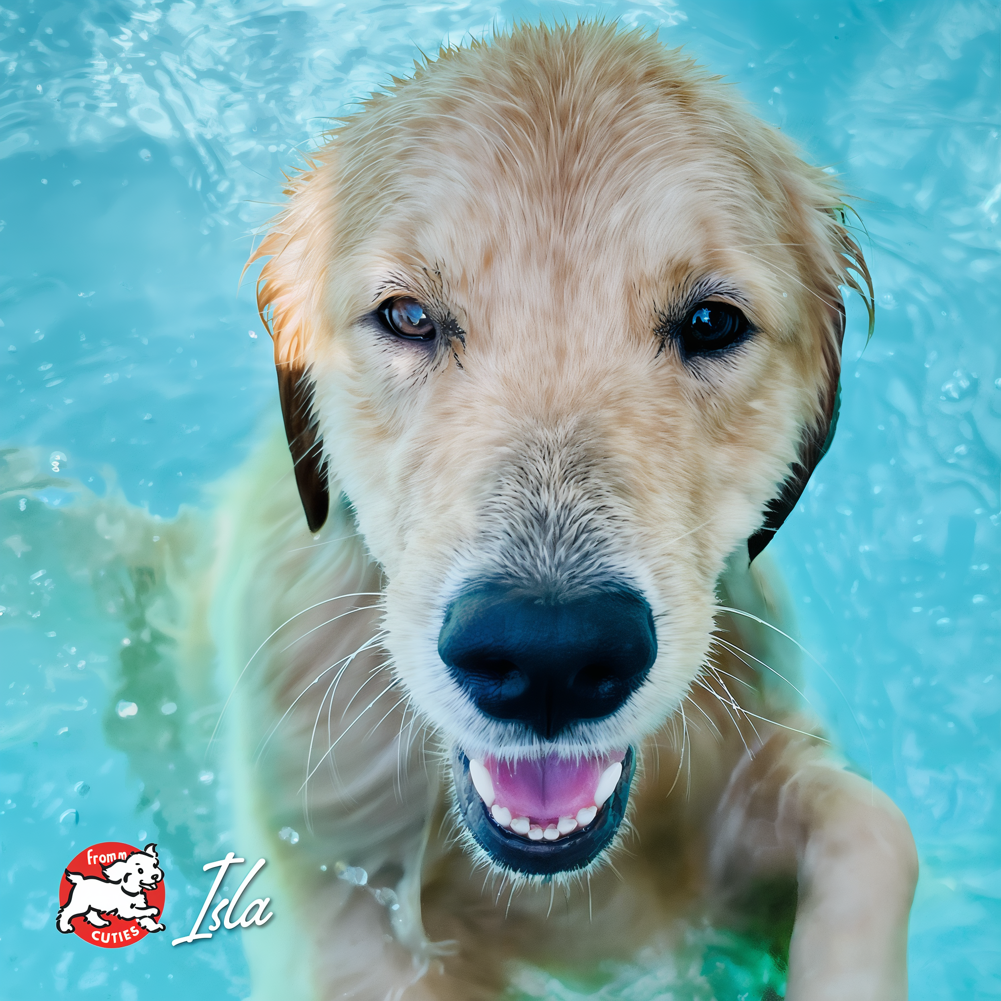 Light-coated dog Isla swimming in a pool, from the Fromm Cuties gallery
