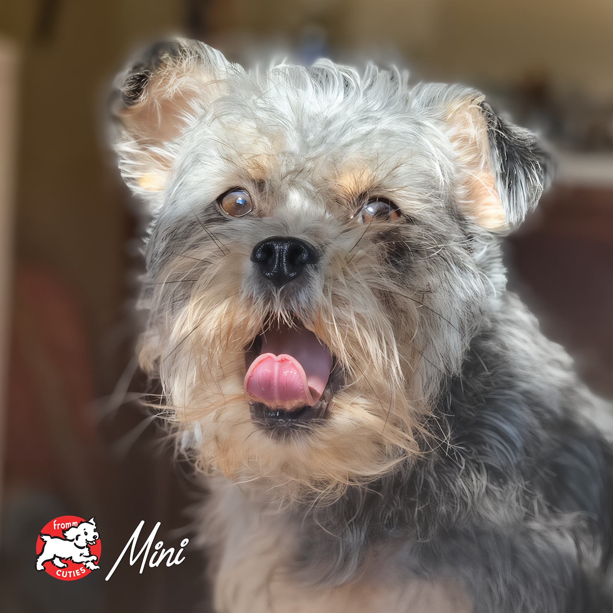Small scruffy grey and tan dog Mini licking its nose, from the Fromm Cuties gallery