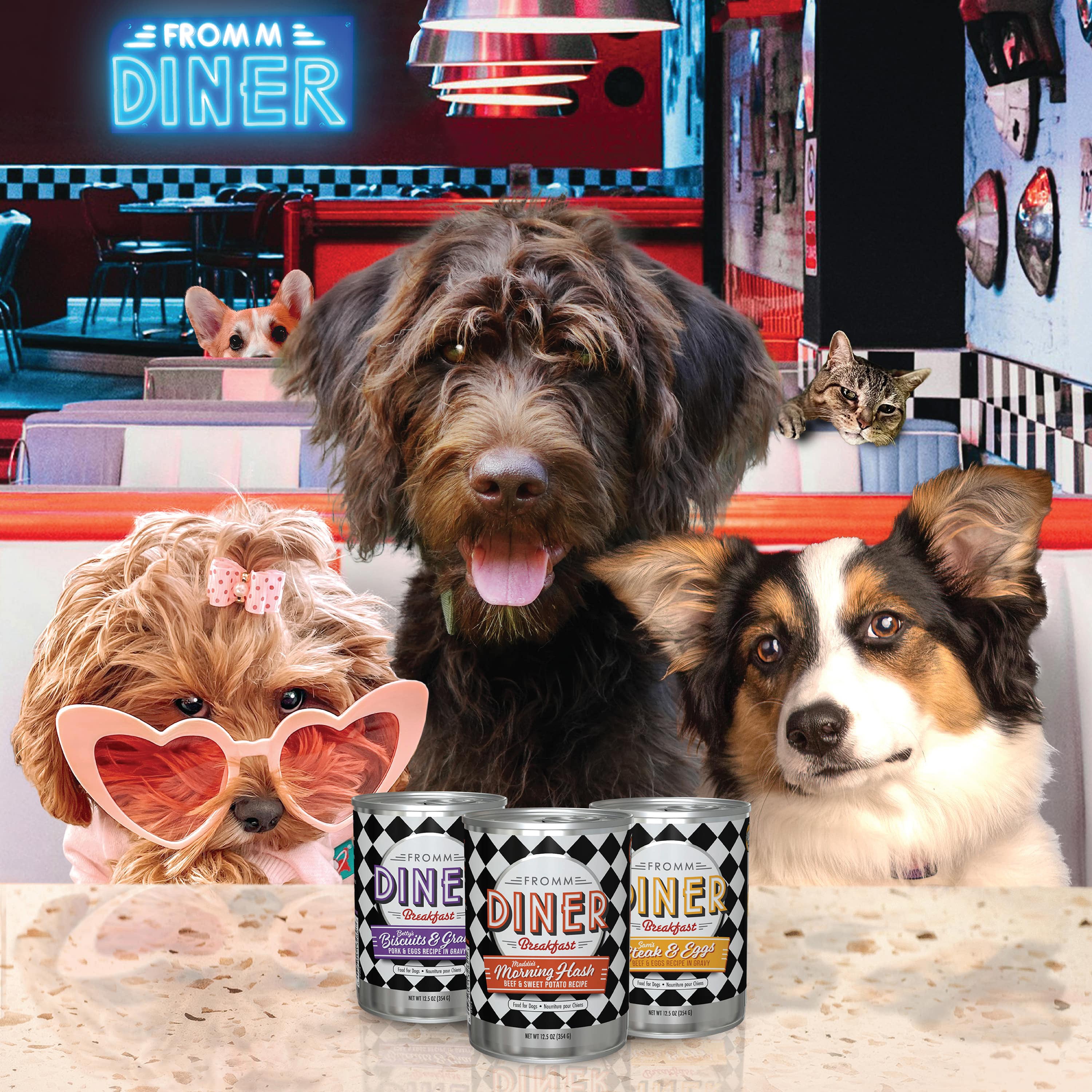 Dogs gathered at the Fromm Diner counter with the three Diner Breakfast recipes