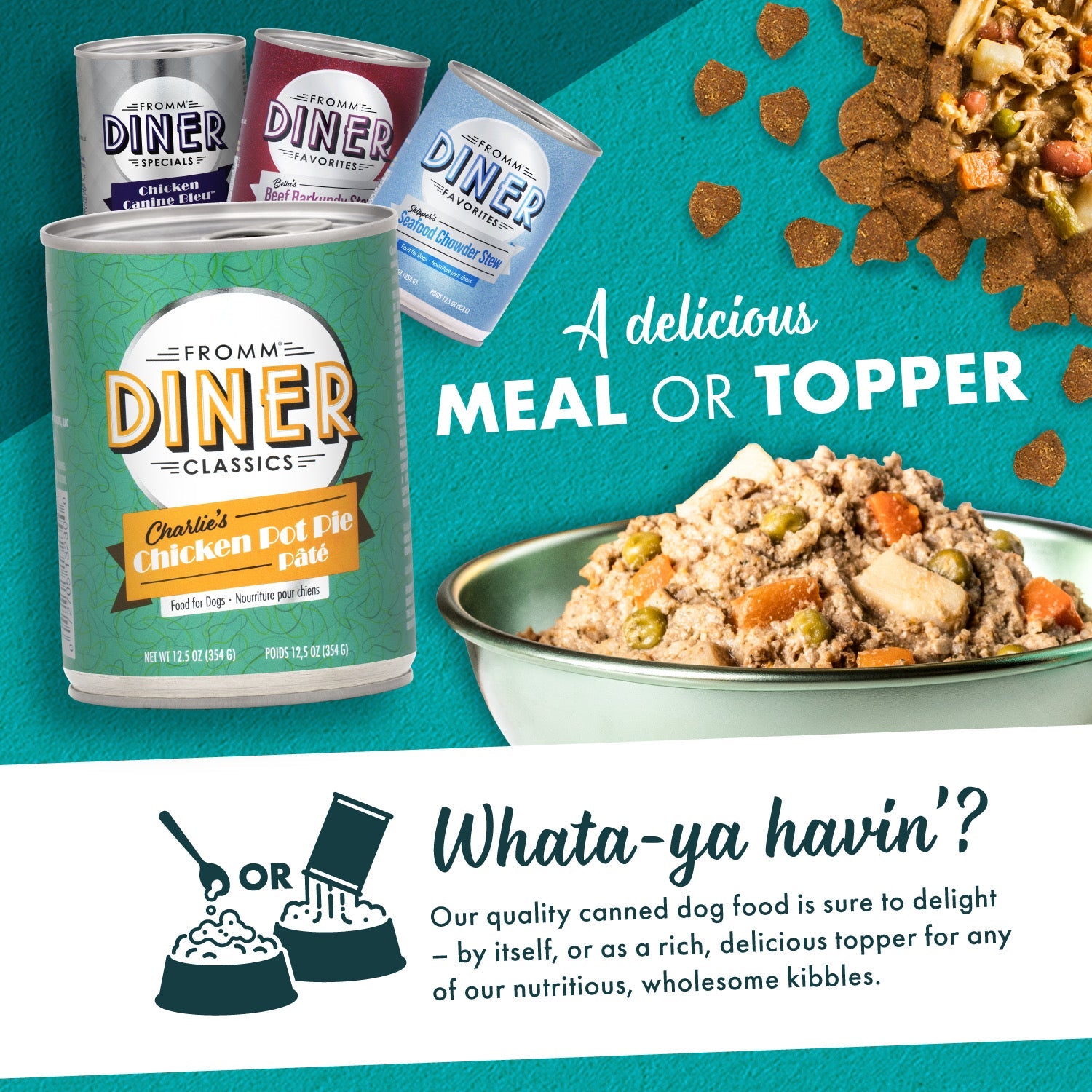 Fromm Diner canned food served as a delicious meal or as a topper over kibble