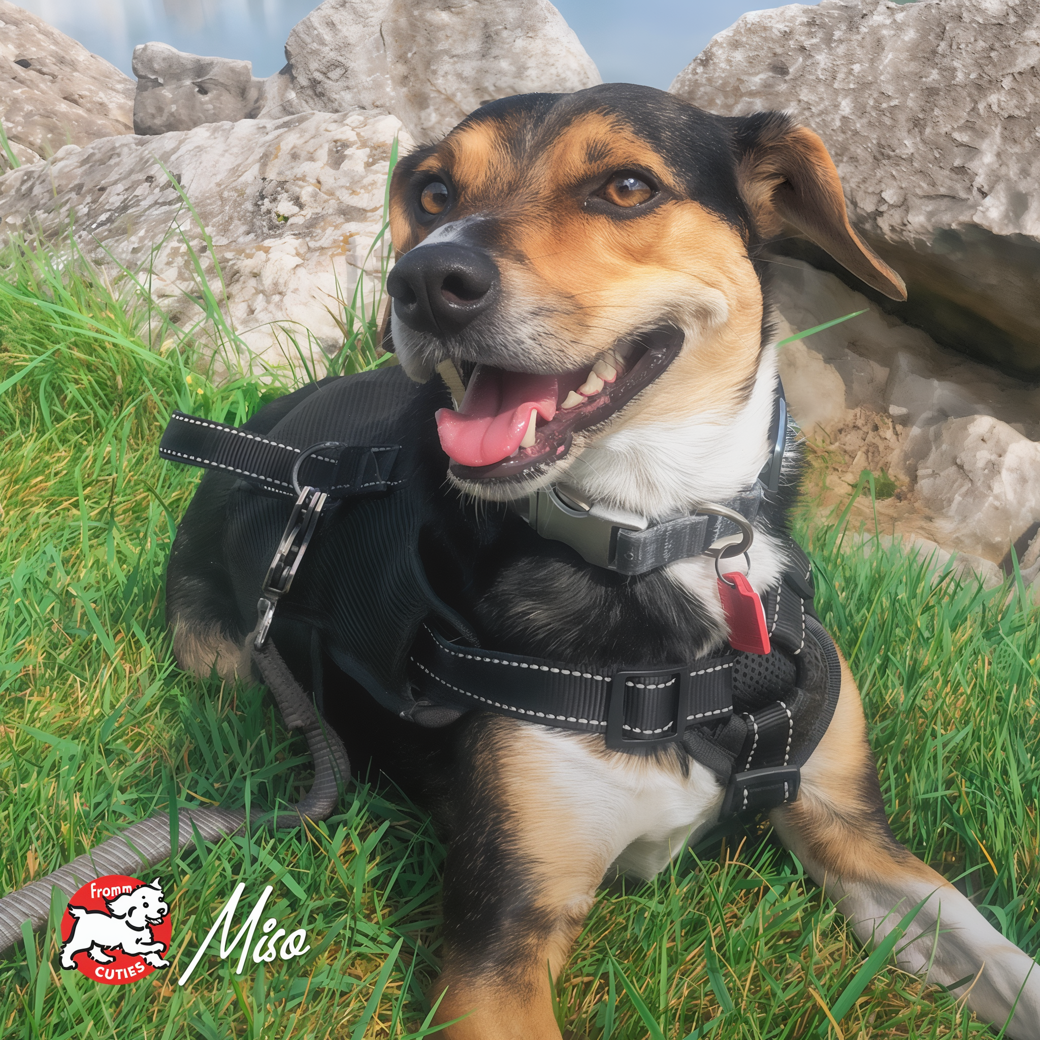 Tan and black dog Miso in a harness relaxing on grass beside rocks, from the Fromm Cuties gallery
