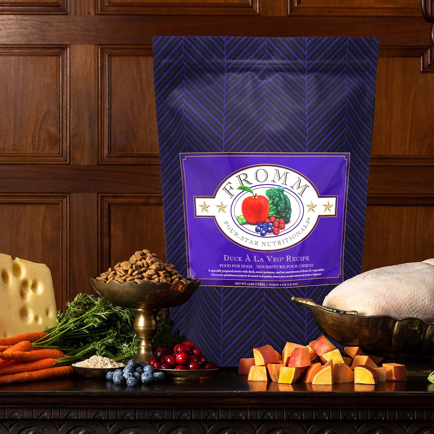 Duck A La Veg bag with whole duck, cheese, sweet potatoes, cranberries, and blueberries
