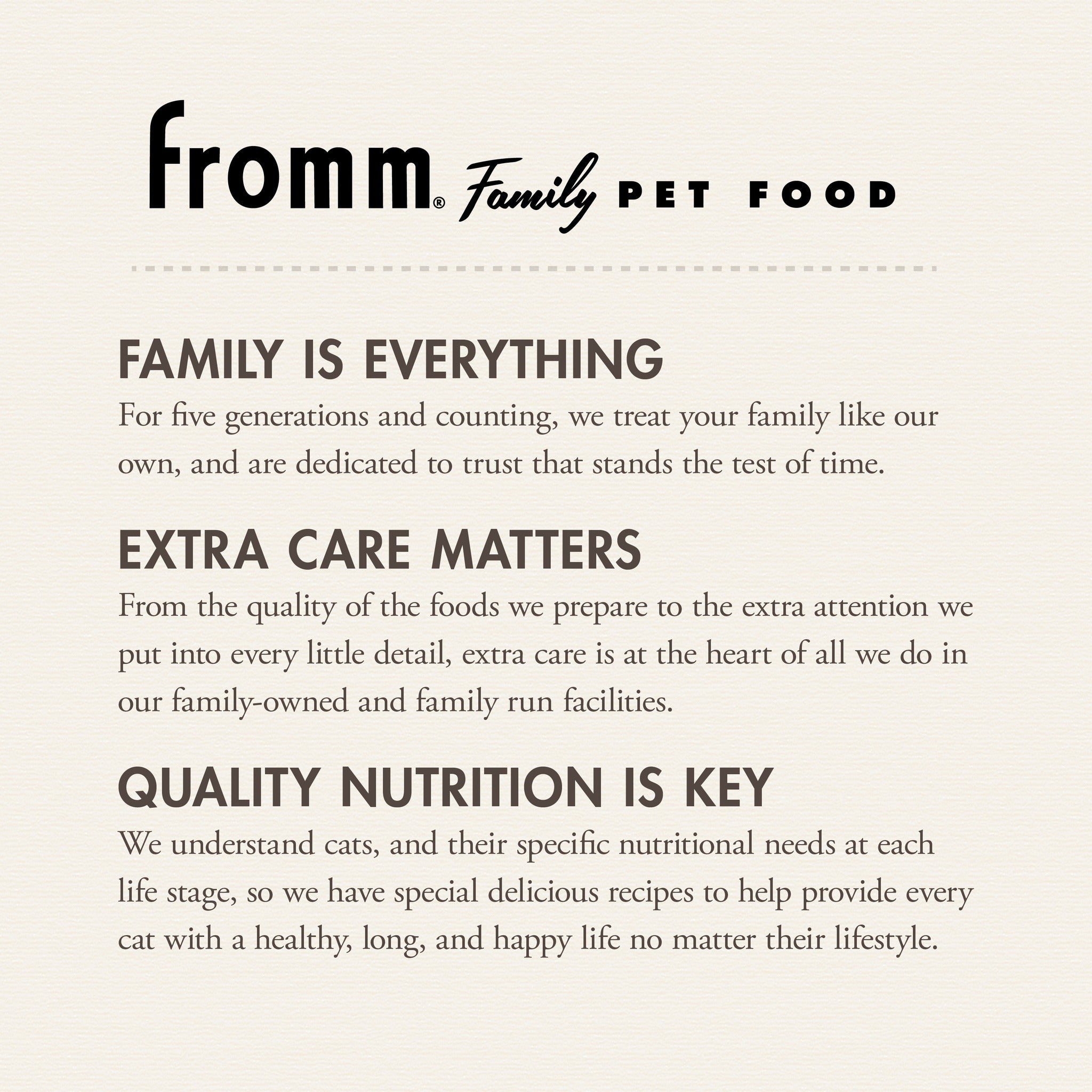 Fromm Family Pet Food: family is everything, extra care matters, quality nutrition is key