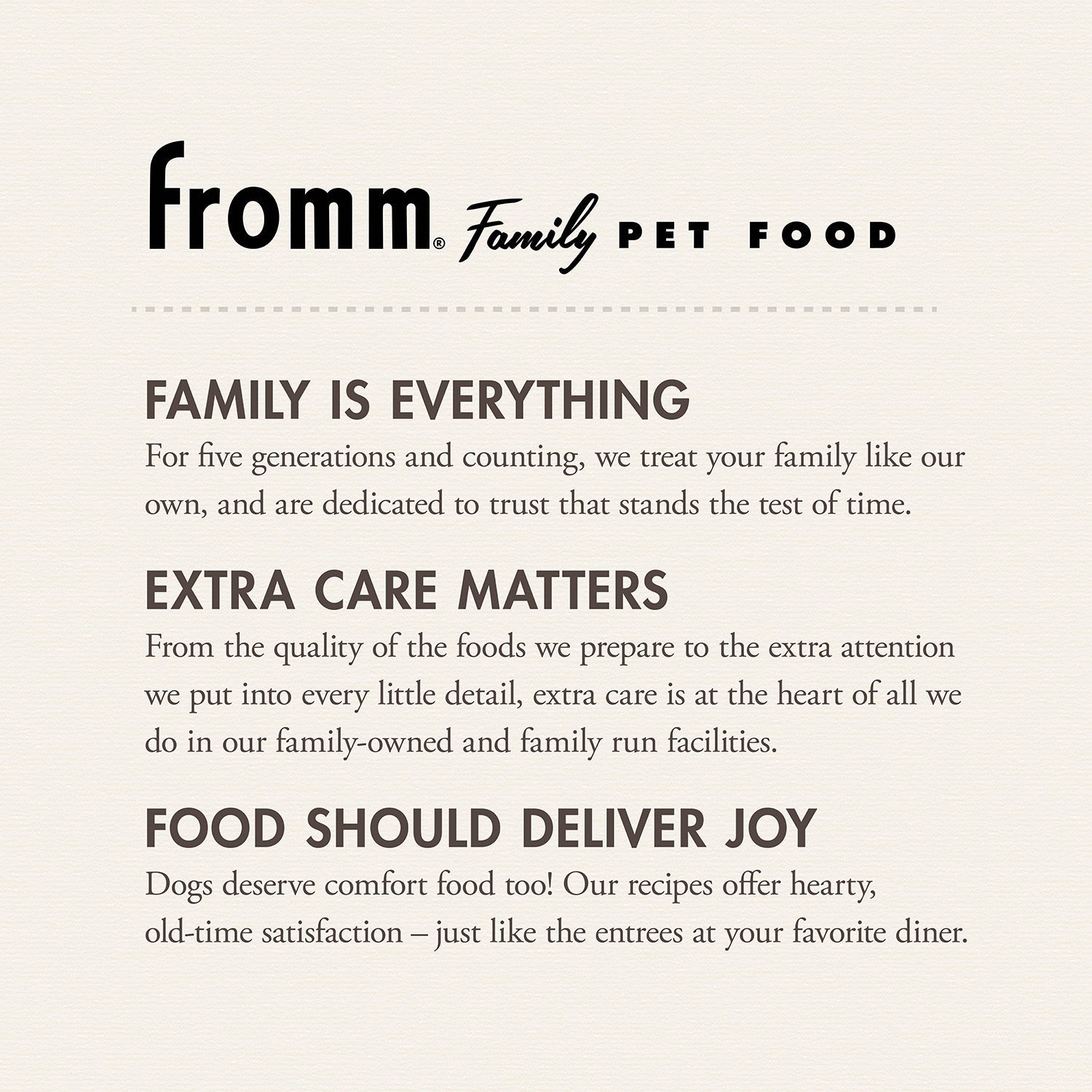 The Fromm Family Pet Food story: family is everything, extra care matters, food should deliver joy