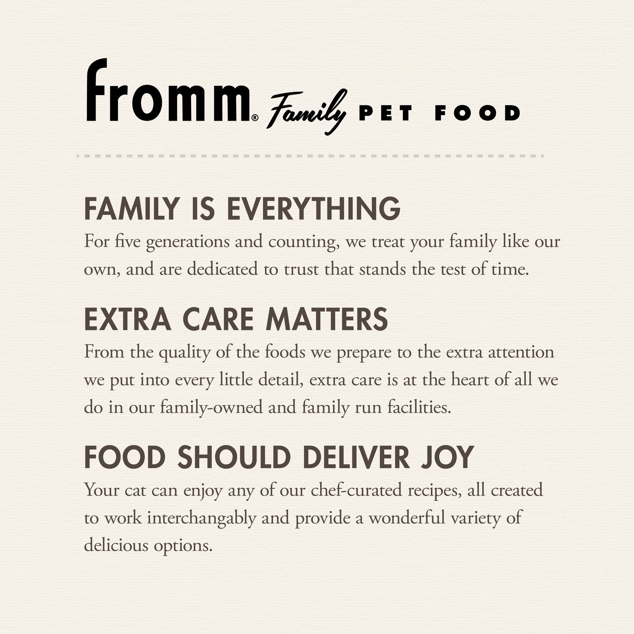 The Fromm Family Pet Food story: family is everything, extra care matters, food should deliver joy