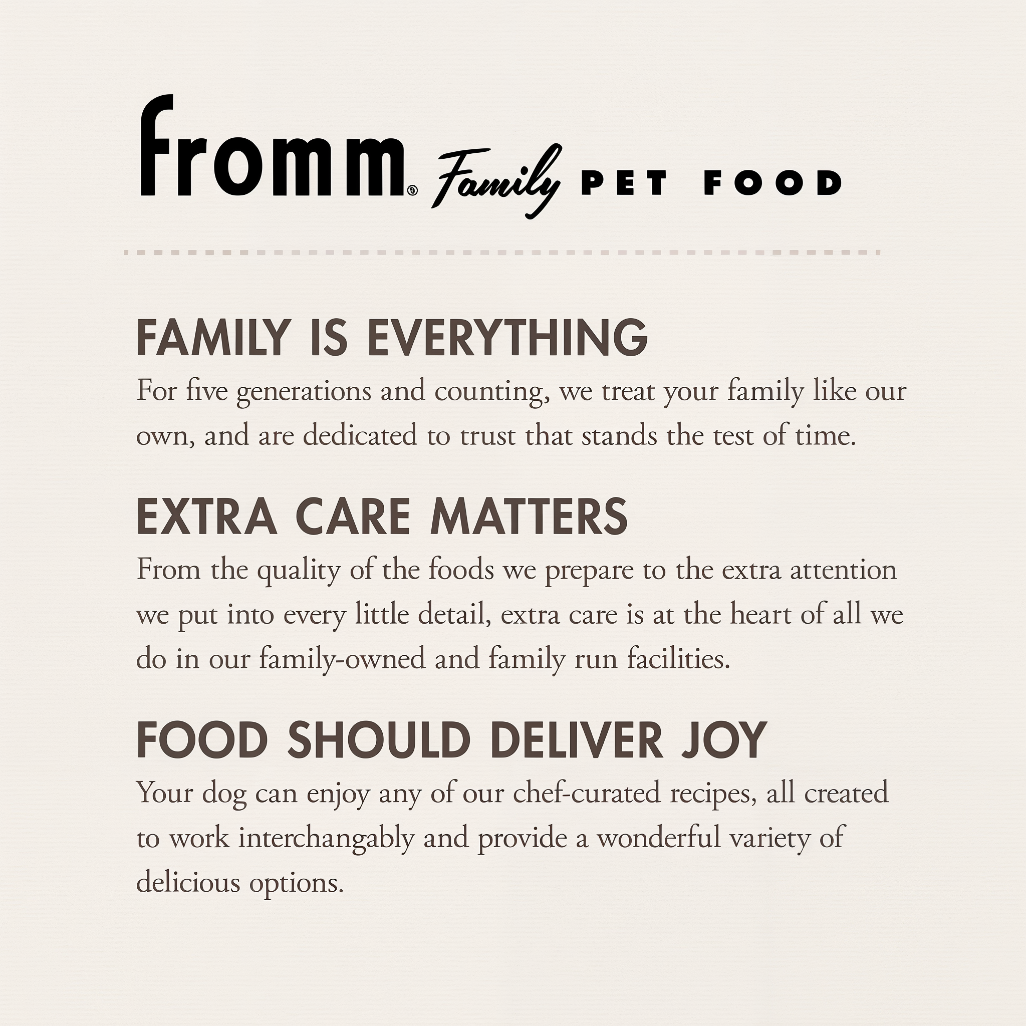 The Fromm Family Pet Food story: family is everything, extra care matters, food should deliver joy
