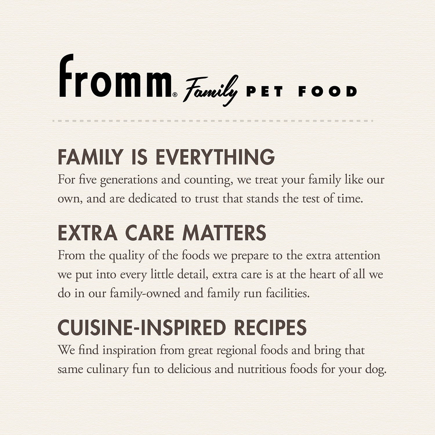 The Fromm Family Pet Food story: family is everything, extra care matters, cuisine-inspired recipes