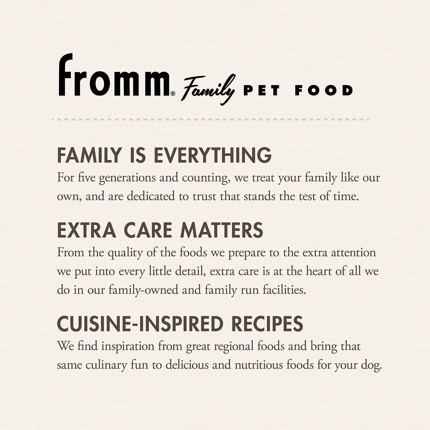 The Fromm Family Pet Food story: family is everything, extra care matters, cuisine-inspired recipes