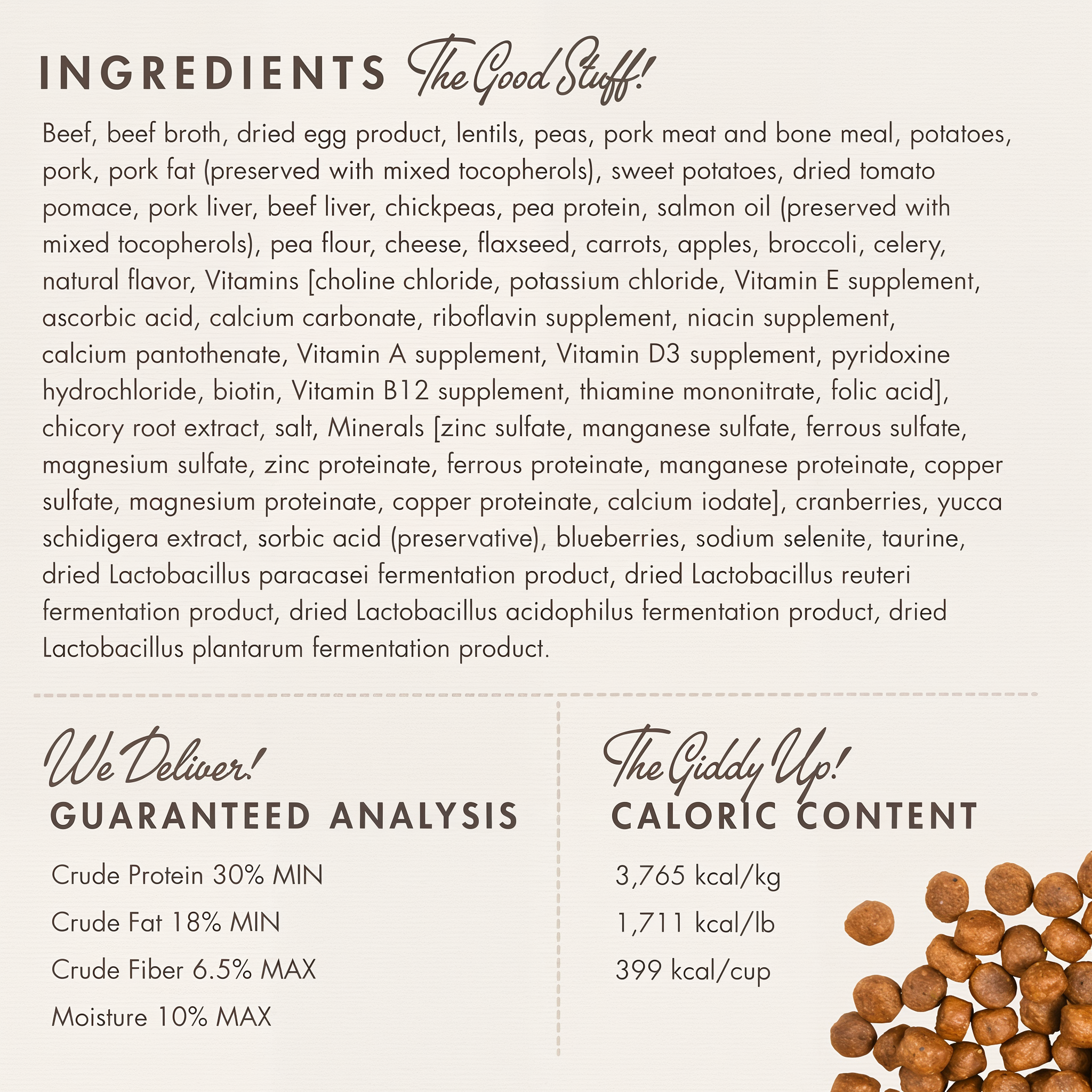 Fromm Beef Frittata Veg ingredients panel with guaranteed analysis and caloric content