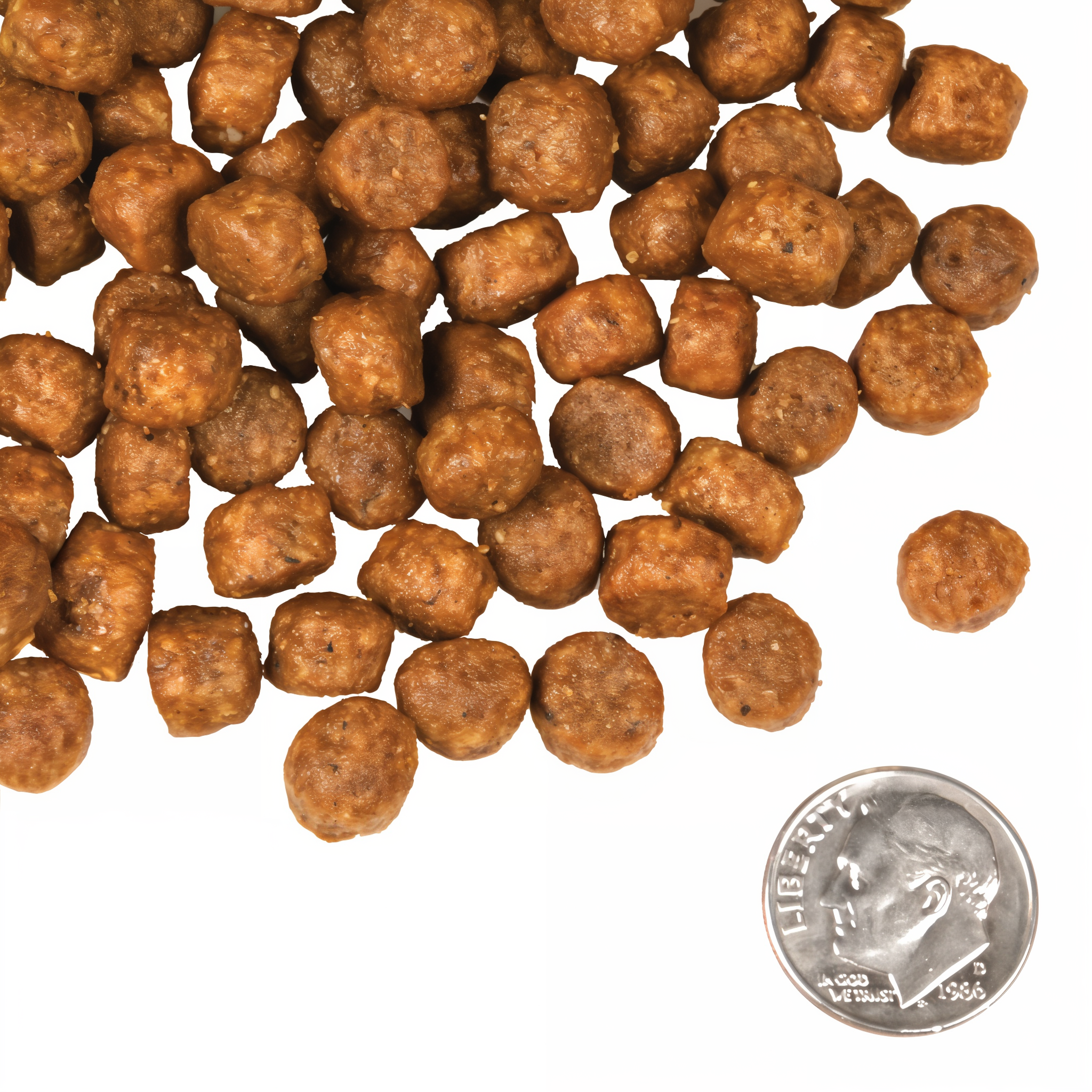 A small pile of Fromm Beef Frittata Veg kibble next to a dime for scale