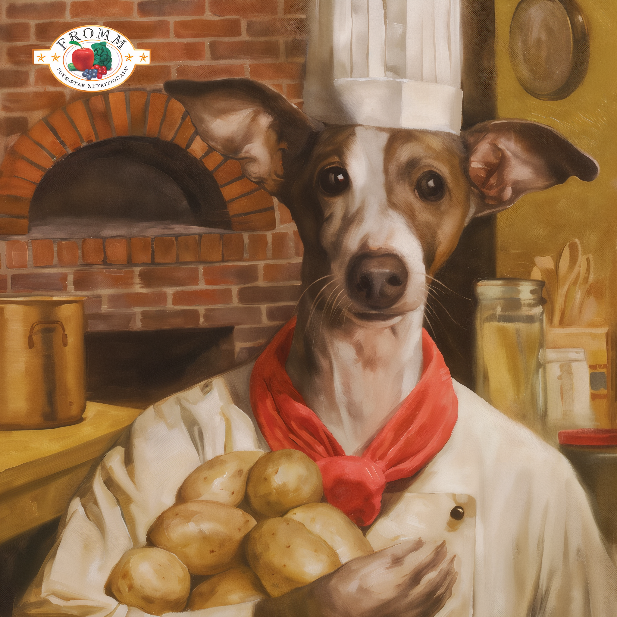 Oil painting of an Italian greyhound chef holding potatoes by a brick oven
