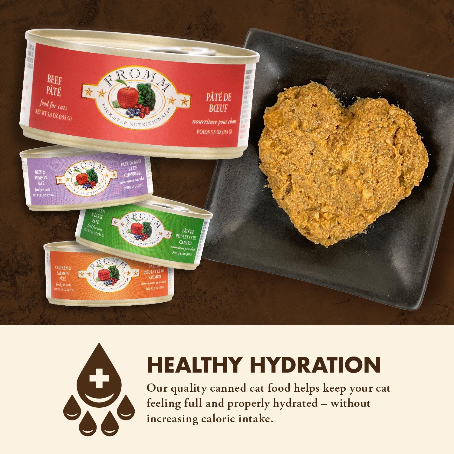 Heart-shaped serving of Fromm Beef Pâté on a black plate beside a stack of Four-Star canned cat food flavors highlighting healthy hydration