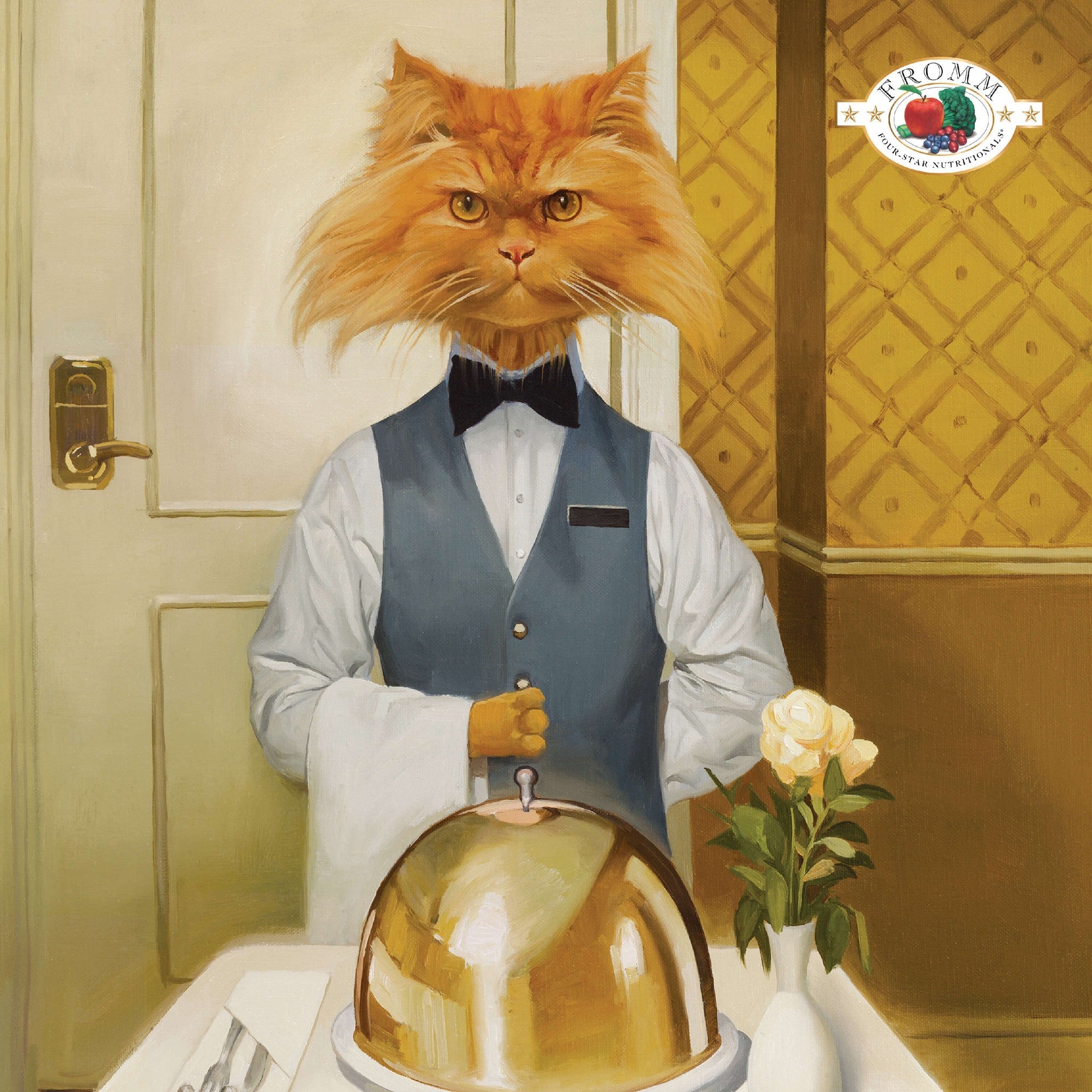 Fromm Four-Star painted portrait of a fluffy orange cat dressed as a hotel butler presenting a covered room-service tray