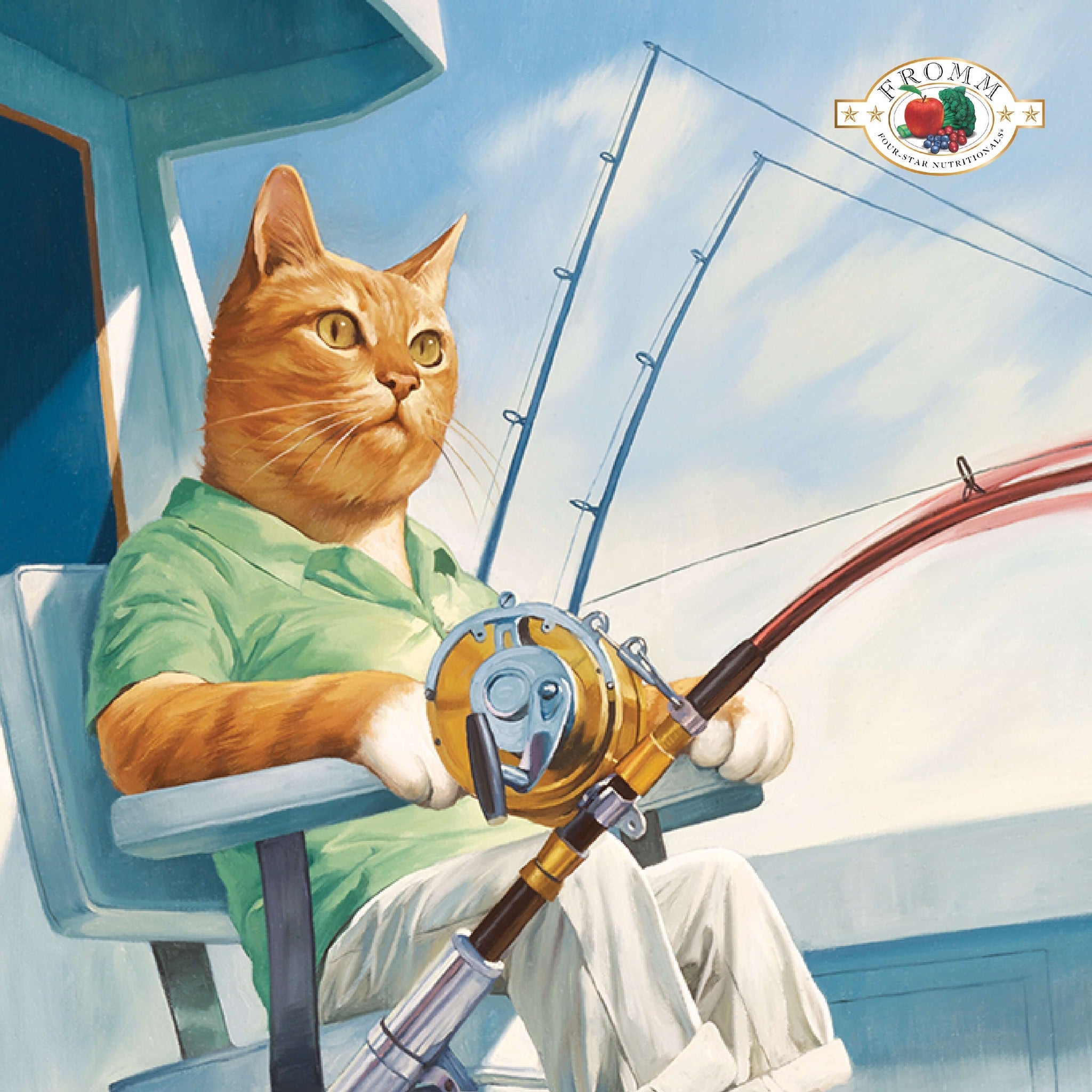 Whimsical Fromm oil painting of an orange tabby cat deep-sea fishing from a boat